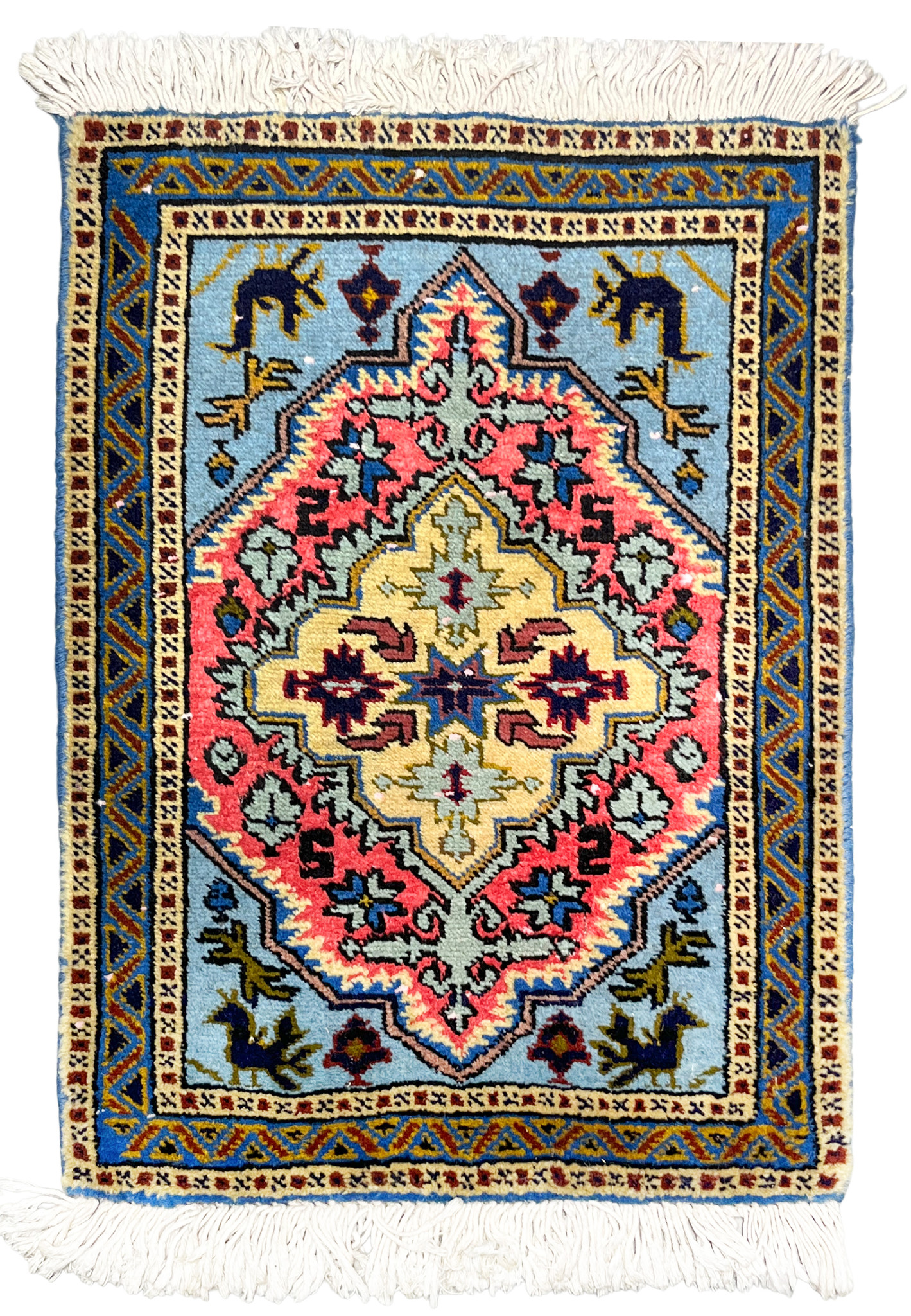 1'3" x 2' Ardebil Persian sample rug, powder blue field, coral stepped medallion, tribal animals, ivory fringe