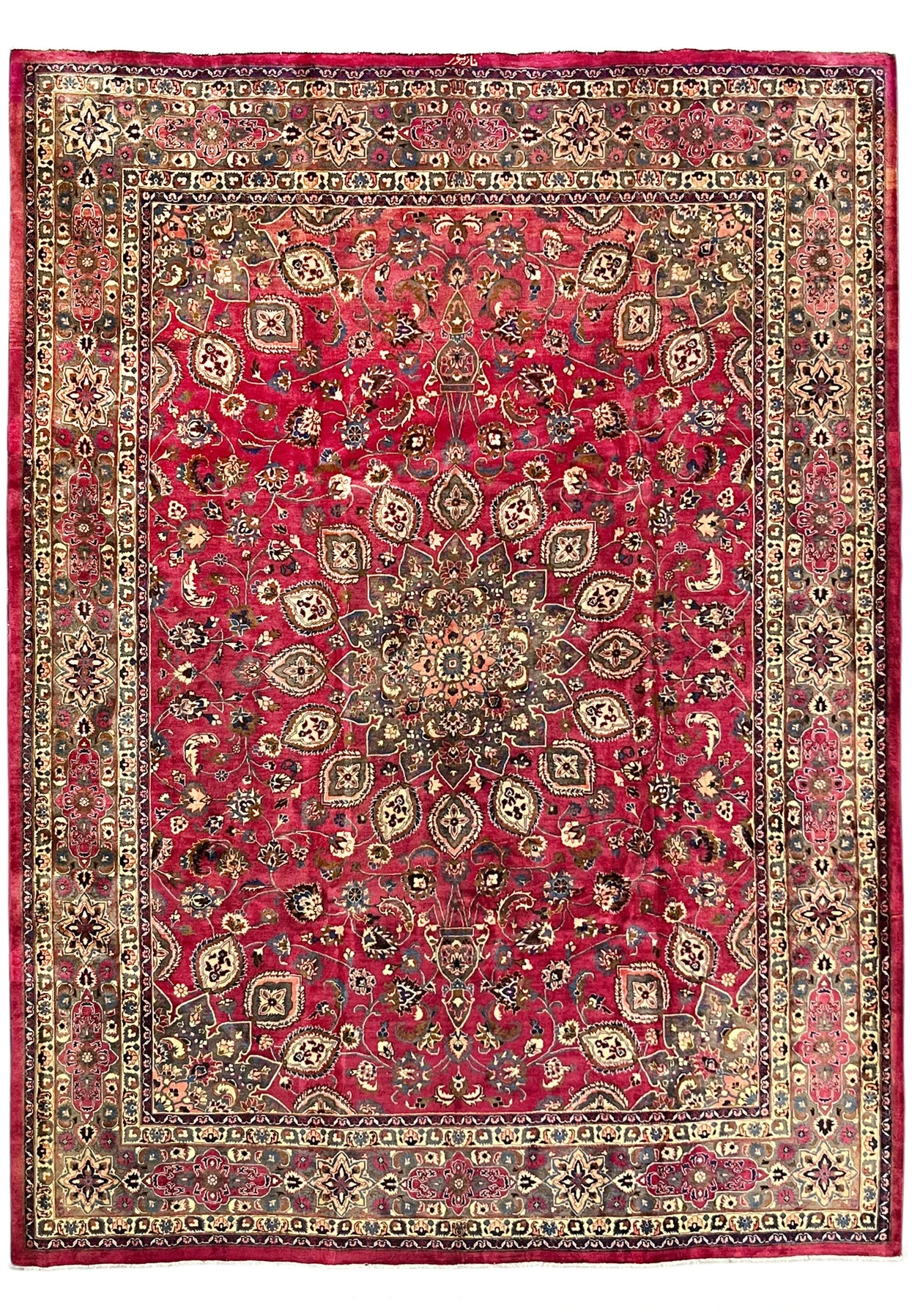 9'10" x 13' Persian Mashad rug, raspberry red field with all-over floral design and central medallion
