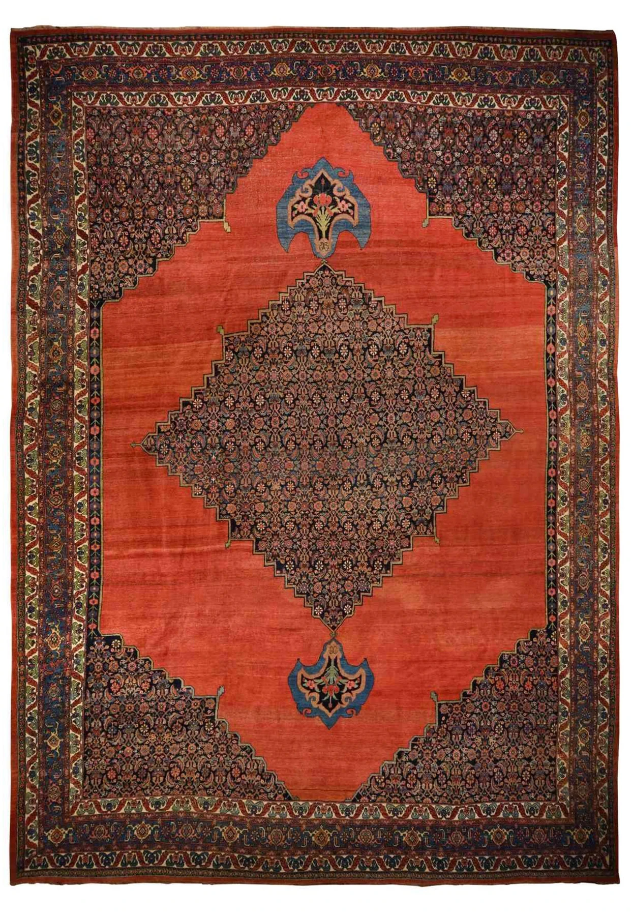 13 x 19 antique Persian Bijar rug with an open copper-red field and navy anchor medallion