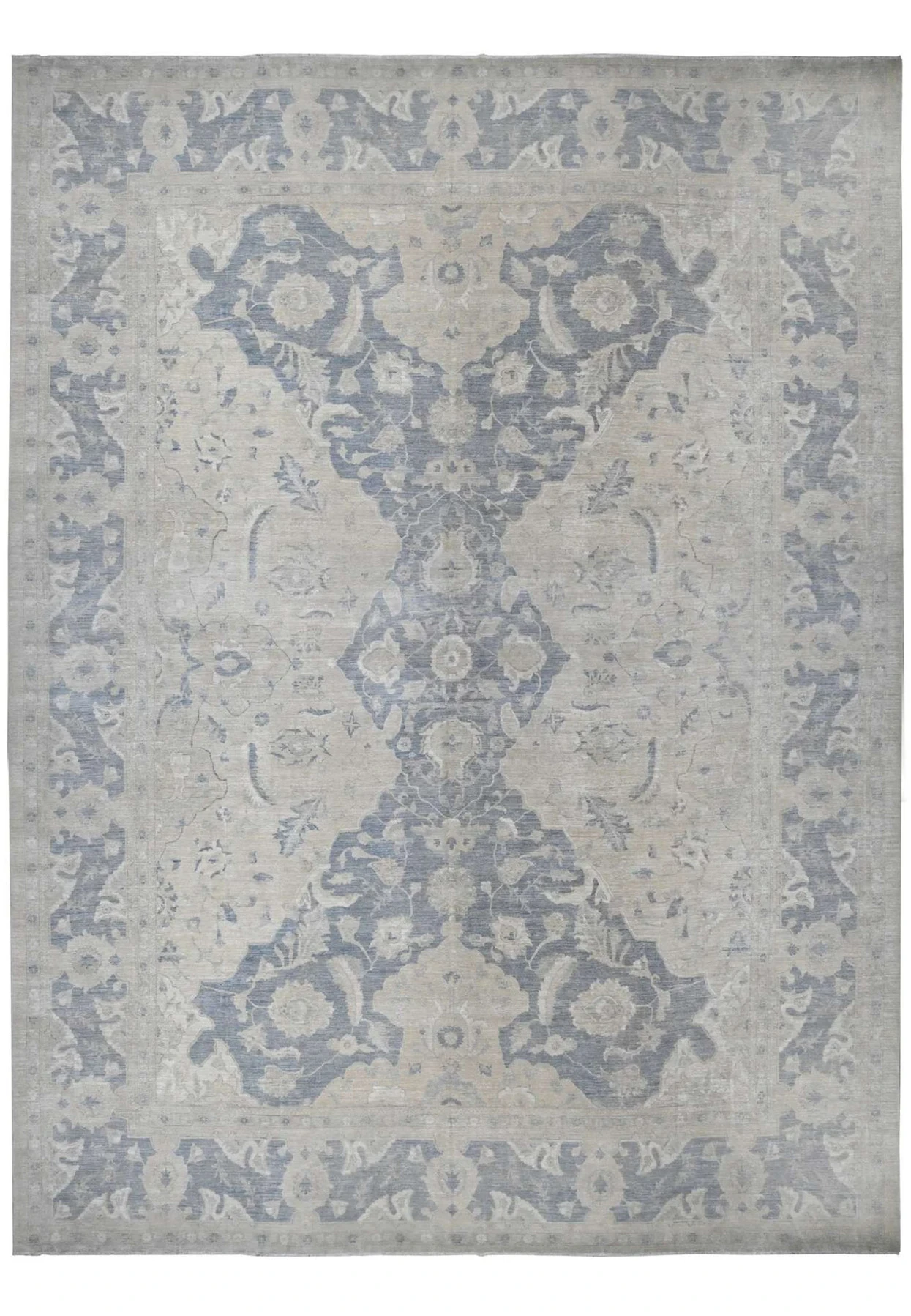 18 x 24 palace-size Peshawar rug with a paper-white field and slate-blue Polonaise design