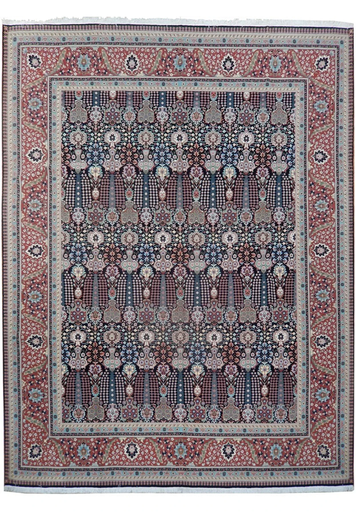 10 x 13 Persian Tabriz rug with a navy allover vase design and brick-red border, wool and silk
