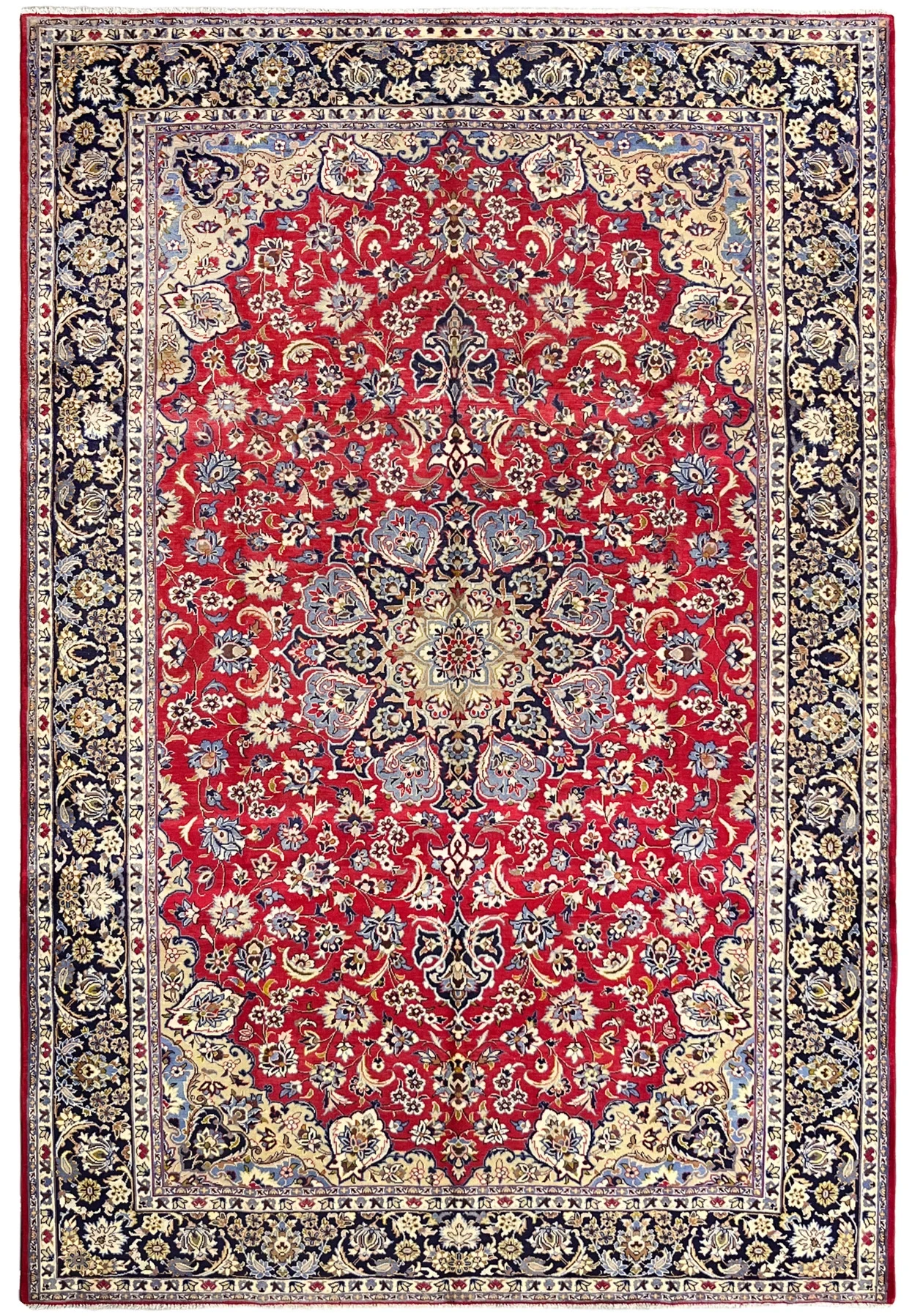 Hand-knotted wool Najafabad showing an allover floral field around a soft ivory and navy medallion.