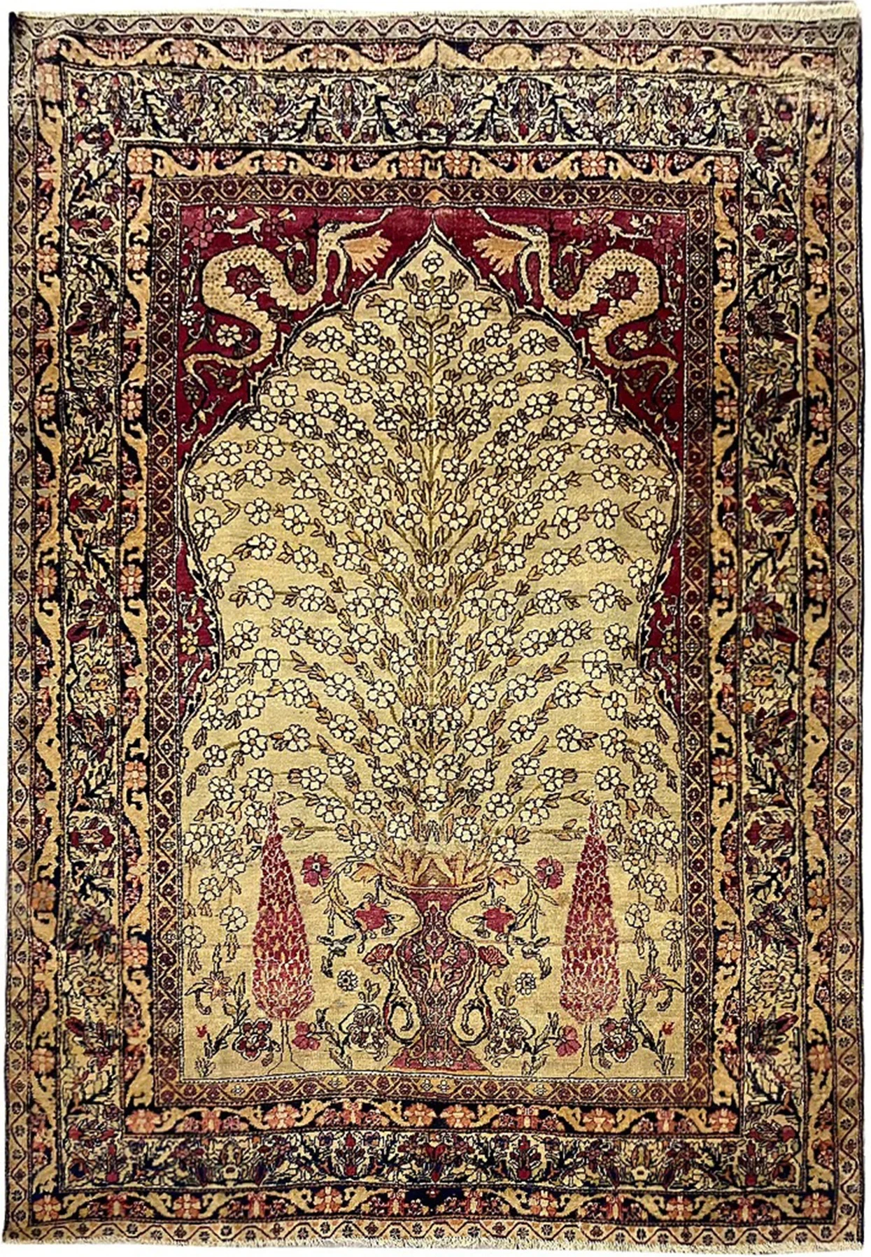Antique 4x6 Persian Tehran prayer rug with a flowering tree of life on an ivory field.