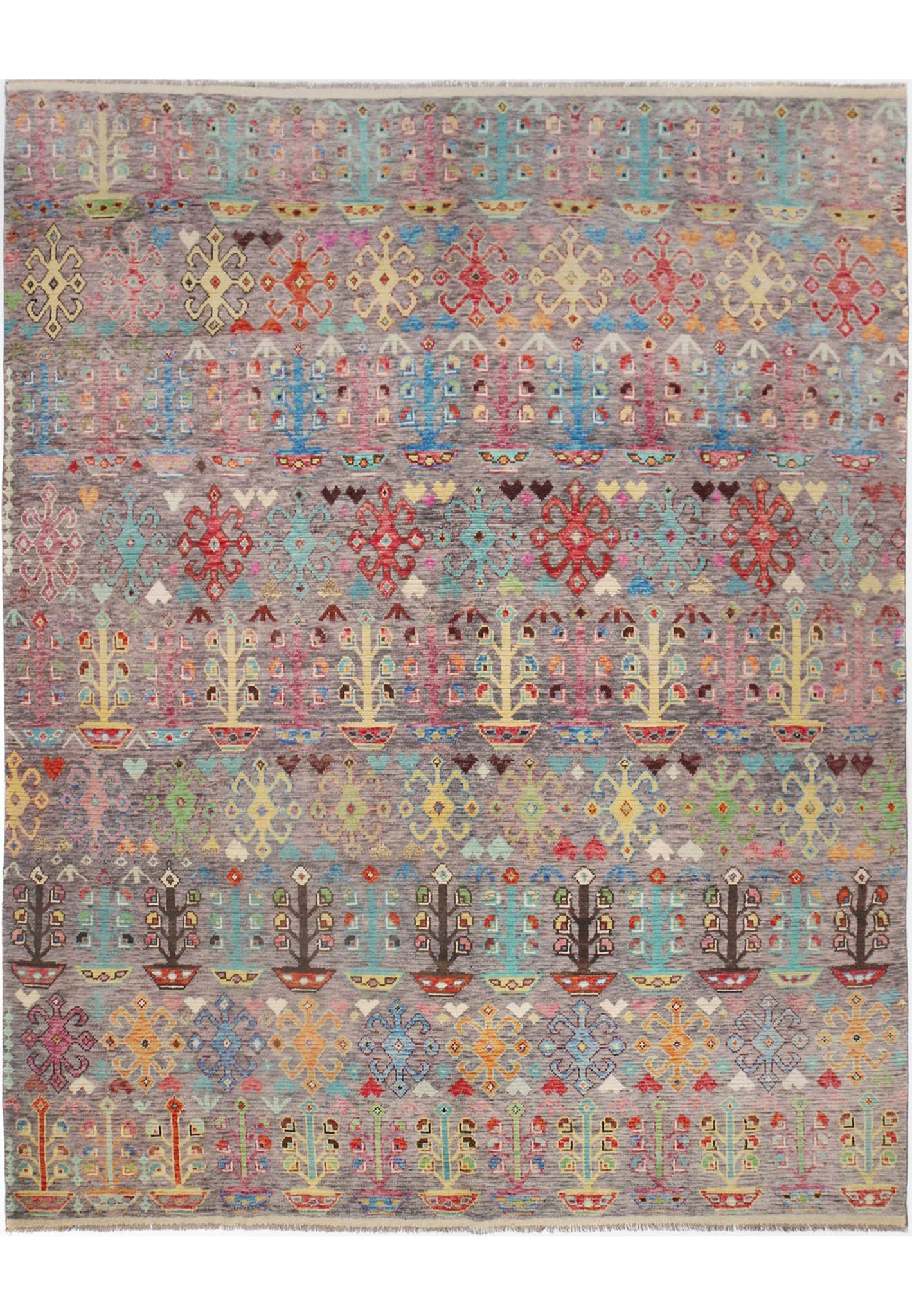 10x13 modern Gabbeh rug full view, heathered grey field with all-over polychrome trees, rosettes and folk motifs