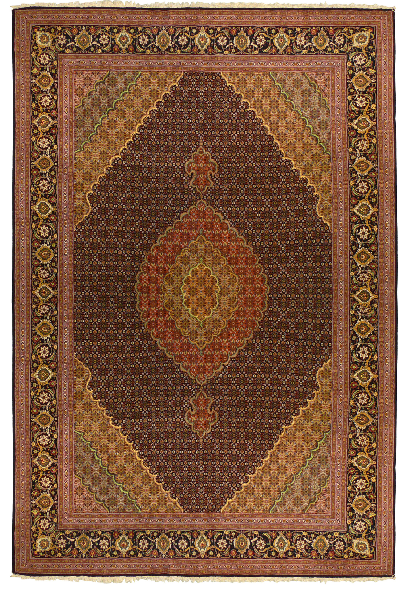 7x10 Persian Tabriz Mahi rug, navy fish design field with rust central medallion and floral border