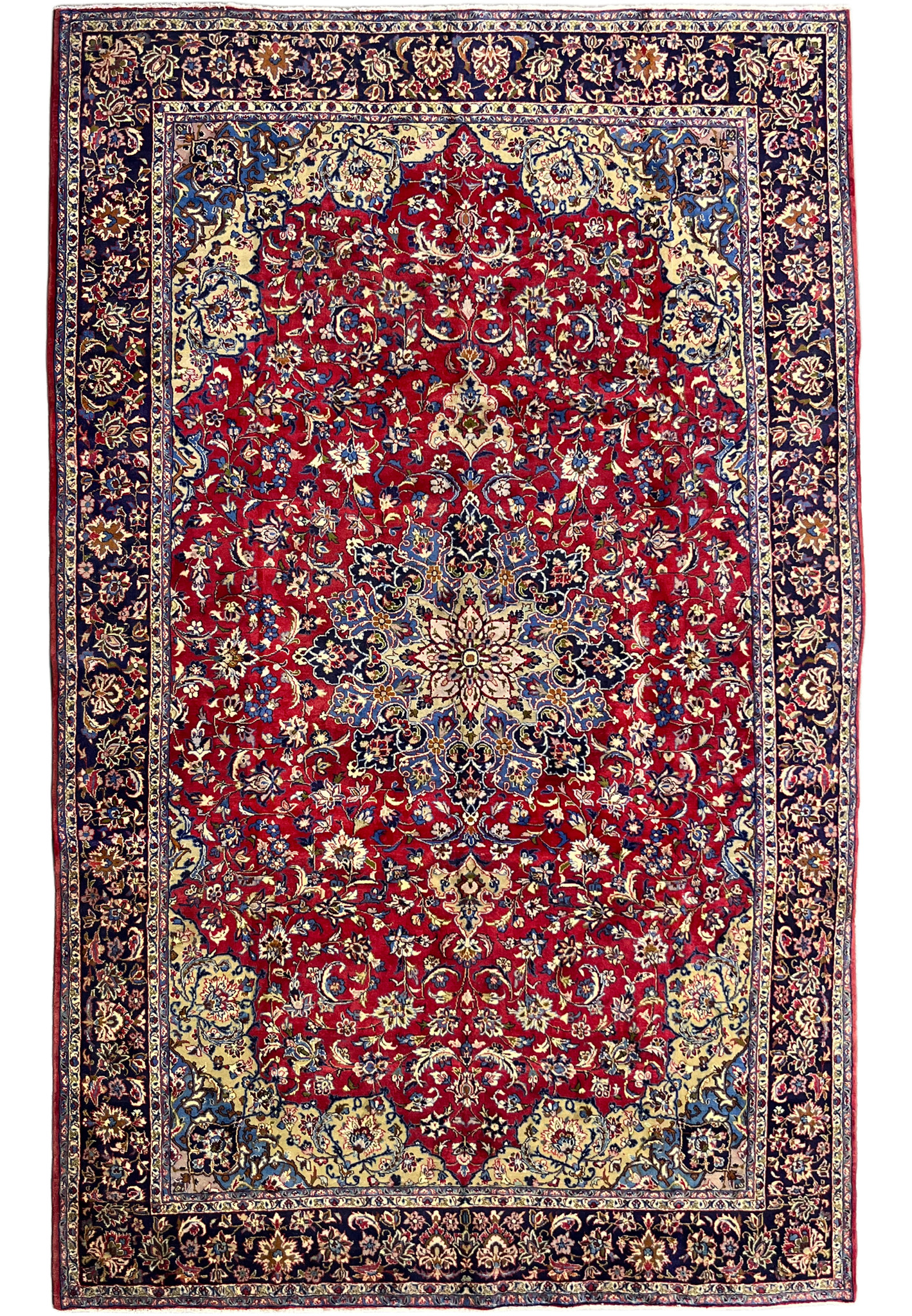 10x16 Persian Najafabad rug, red floral field with a blue central medallion and navy border