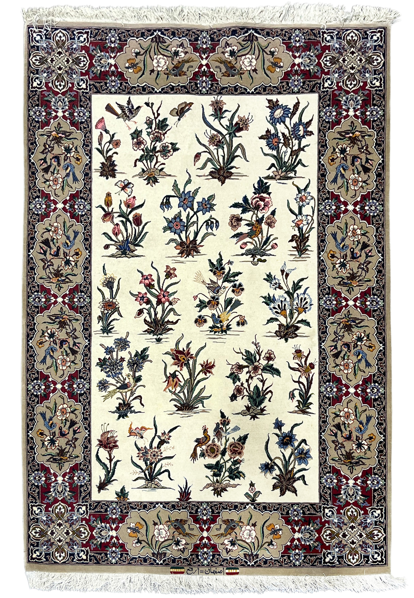4x6 Persian Isfahan rug with ivory Gol-o-Bolbol field of flowers, birds and butterflies