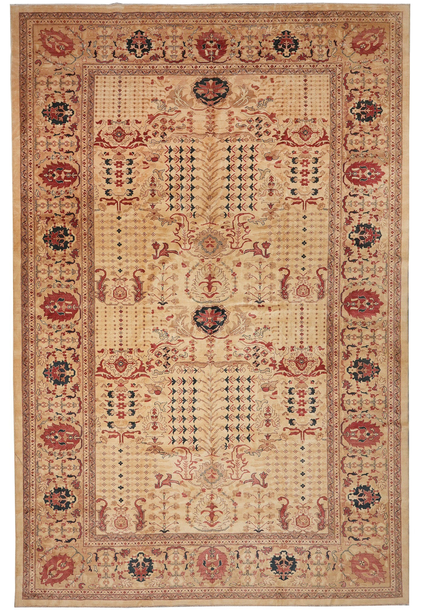 Complete 12x17'6" Peshawar geometric tribal rug flat lay showing cream, rust, and navy palette