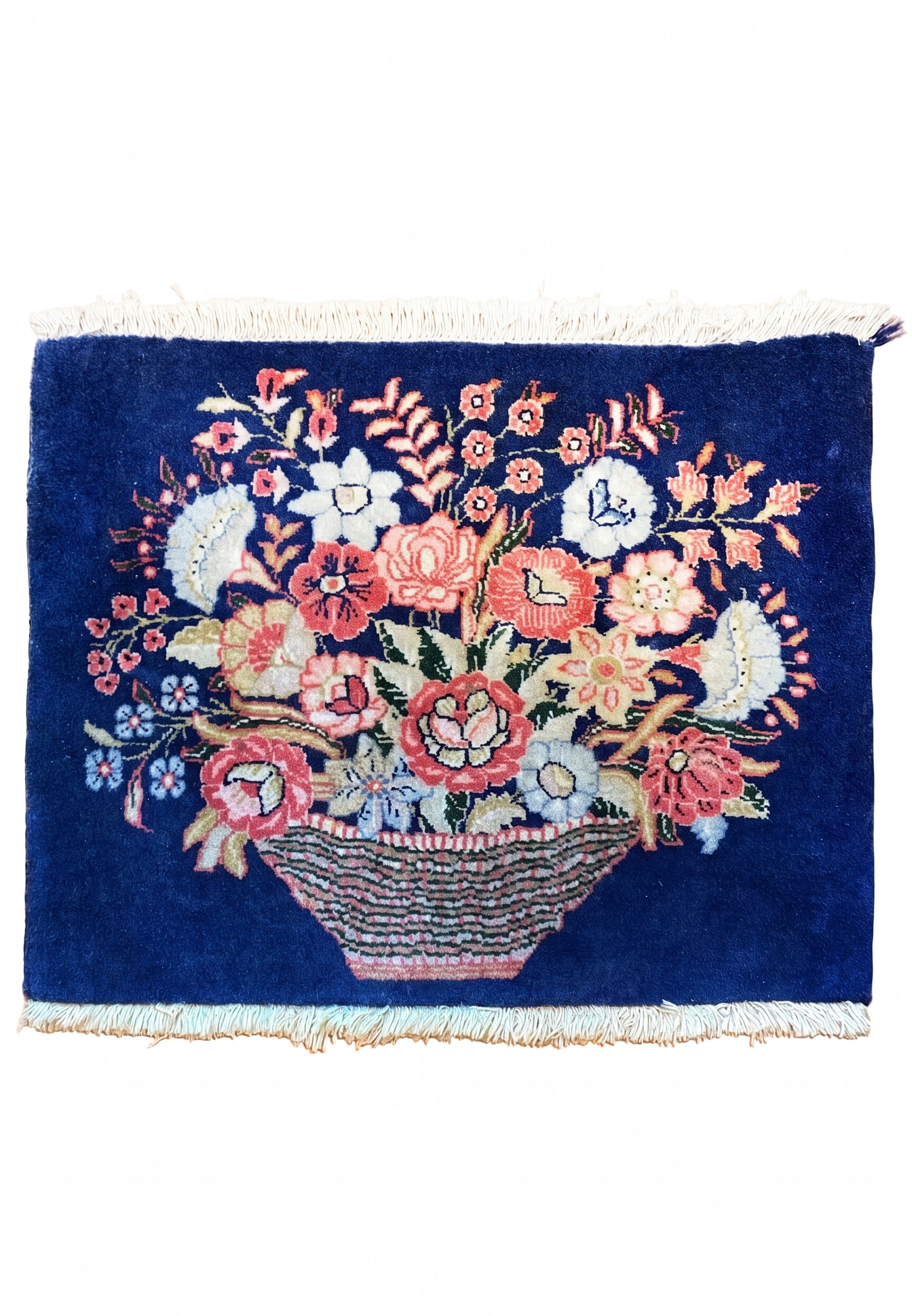 1x2 Persian Tabriz baby rug with pictorial flower basket bouquet on deep navy field