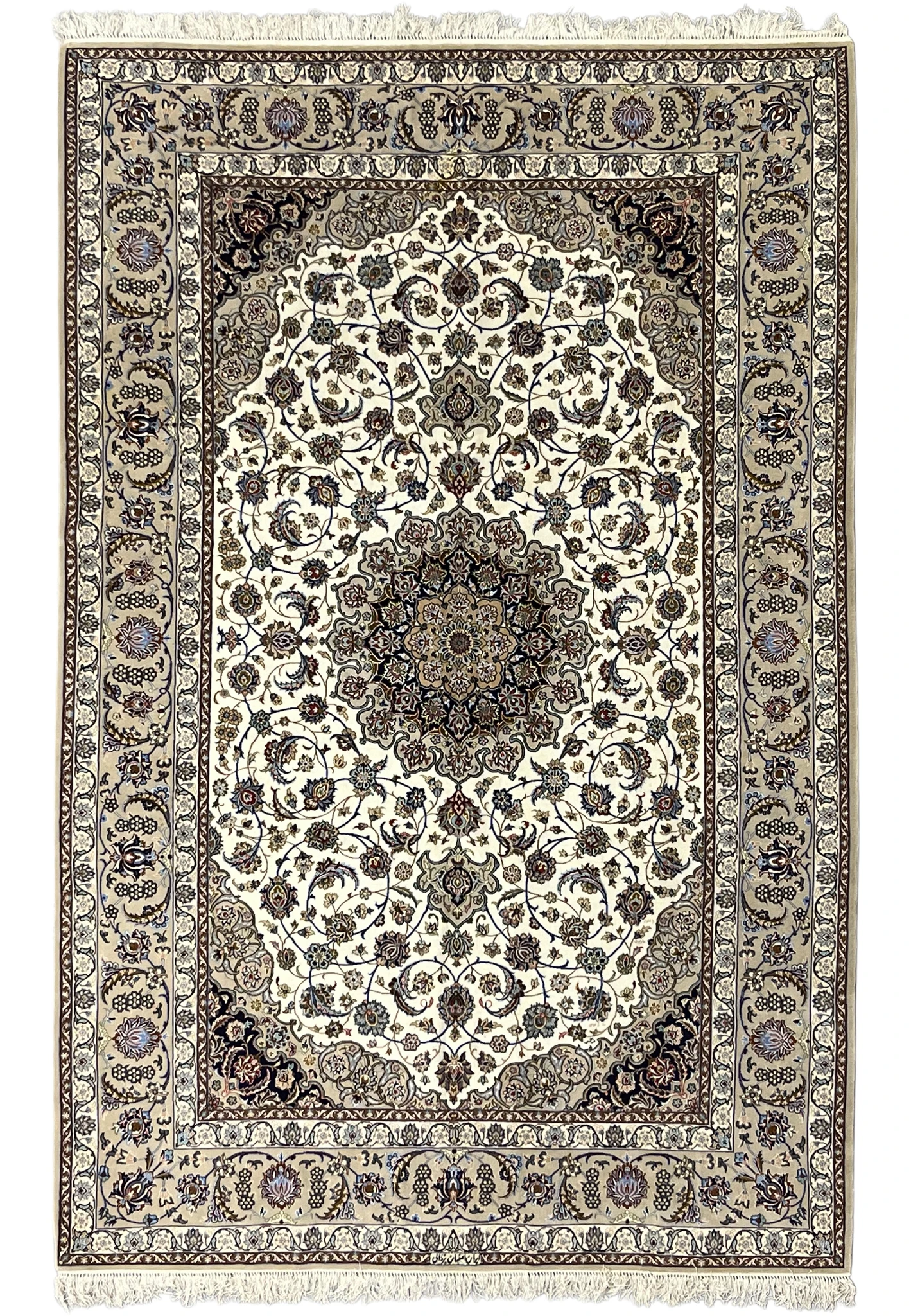 6'9 x 10'1 Persian Isfahan rug, ivory field, navy medallion, signed Yazdani, wool and silk on silk foundation