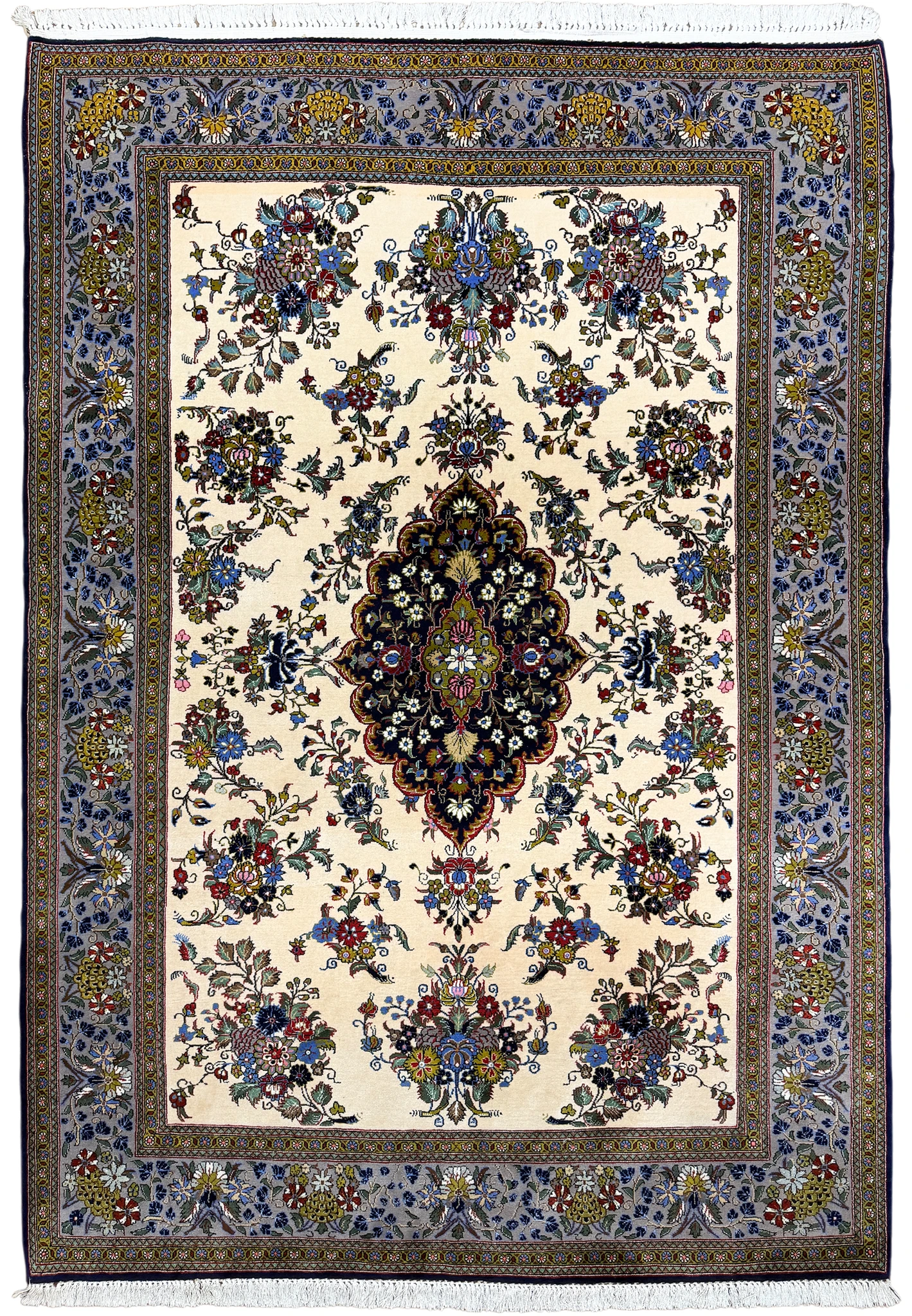 4'8 x 6'10 Persian Qum kork wool rug with ivory field, navy floral medallion and lilac gray border