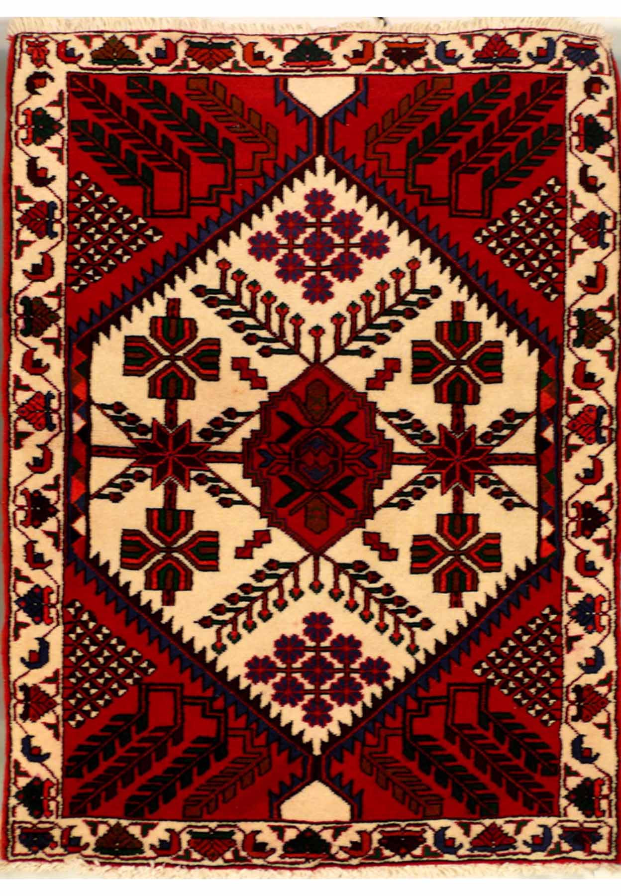 Full view of the 3'6 x 5 Persian Shahsavan rug displaying its intricate design