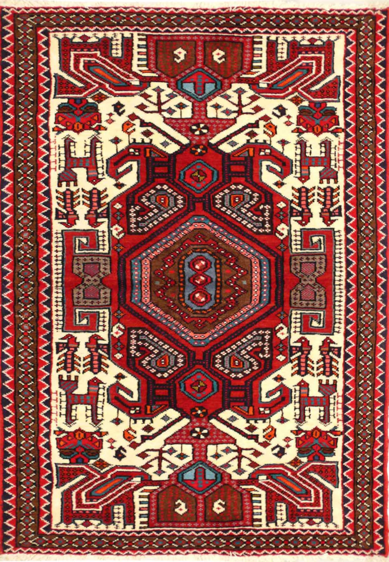Overall view of the 3'4" x 5'1" Persian Shahsawan Tribal Rug displaying its unique tribal patterns.