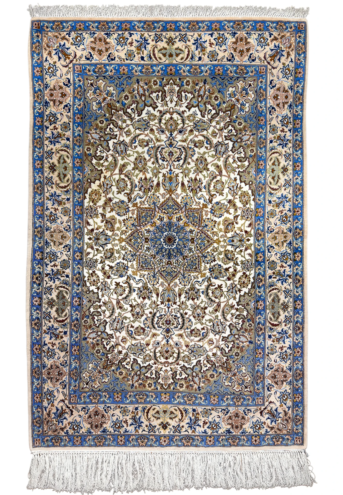 3'8 x 5'8 Persian Isfahan rug with ivory field, star medallion, pistachio spandrels and sky blue border