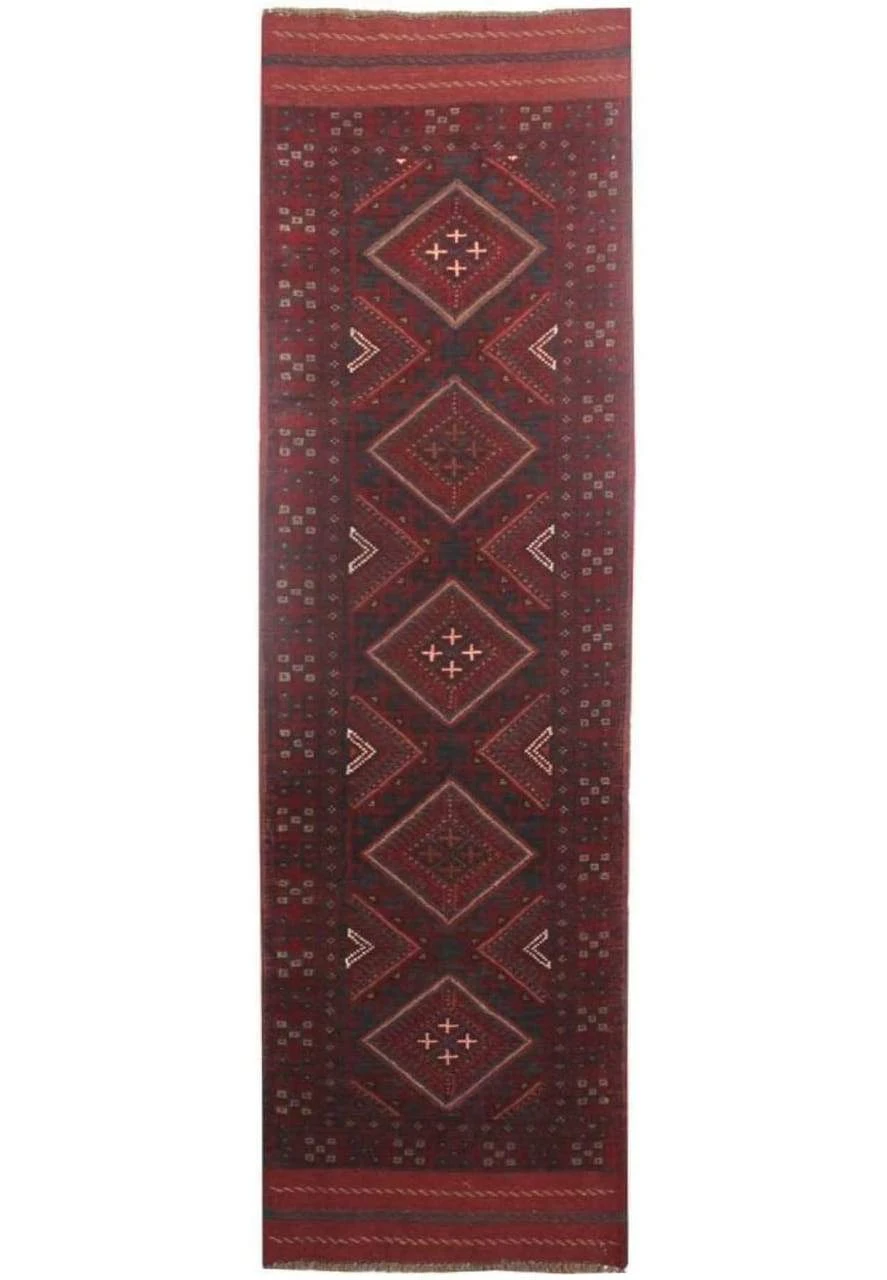 Full view of the 2' x 8' Tribal Mashwani Runner Rug, showcasing its vibrant tribal patterns.