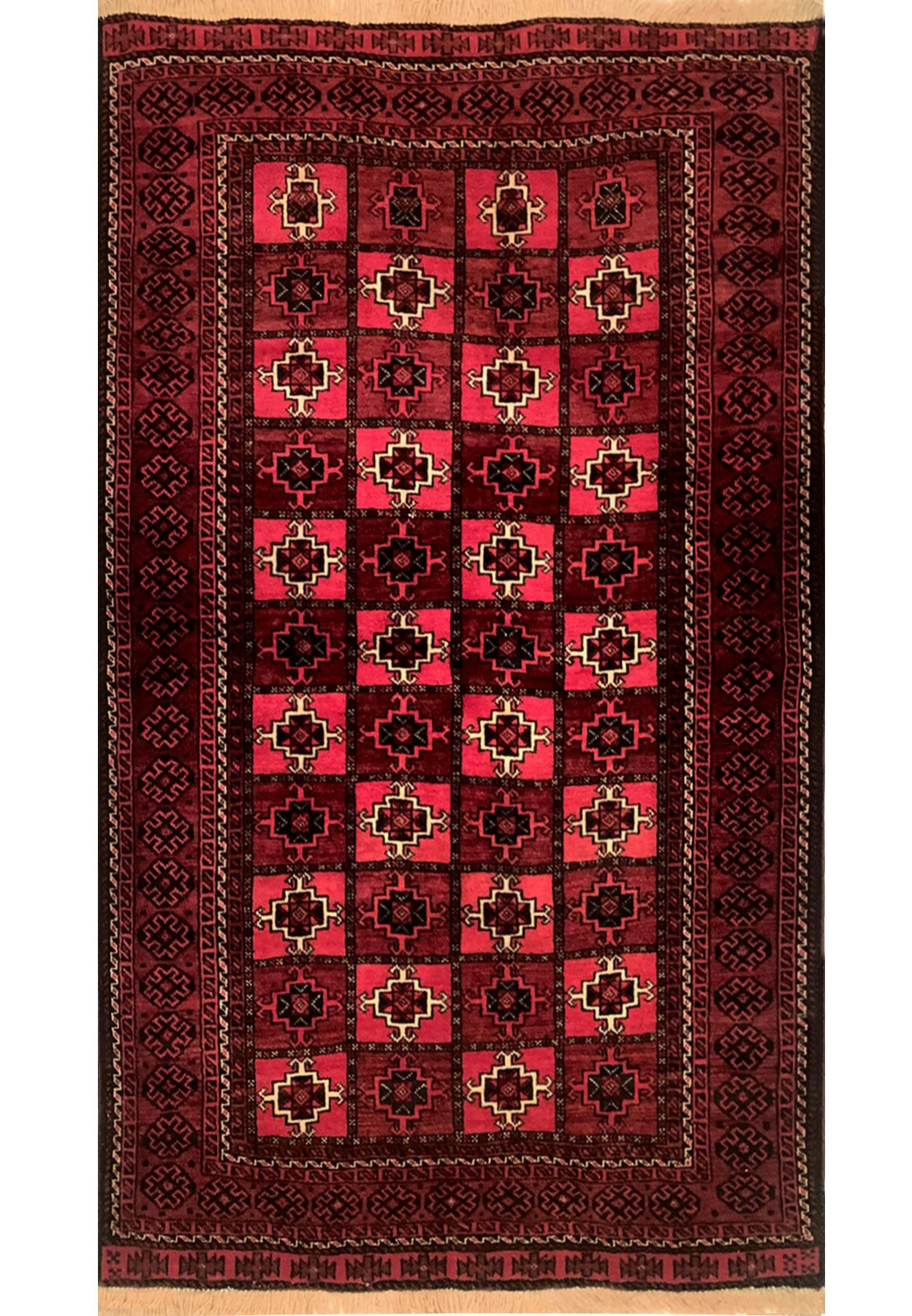 Full view of the 3'5 x 5'6 Persian Baluch rug showcasing its detailed design
