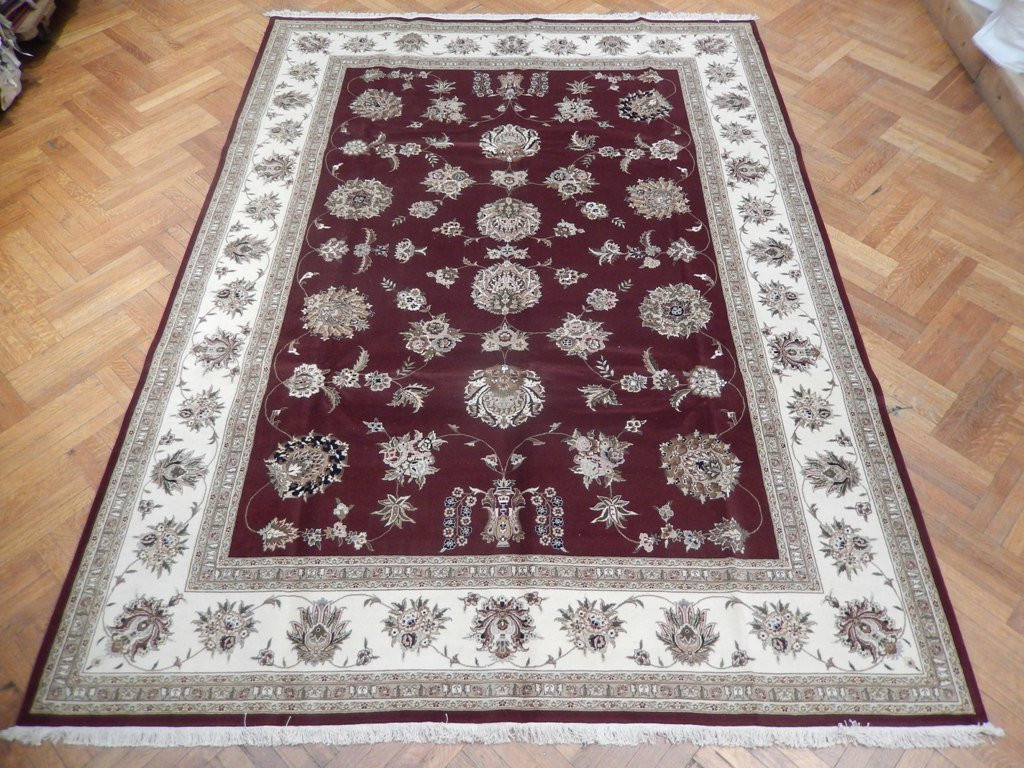 Chinese Tabriz Burgundy Wool & Silk Handmade 9' x 12' Super Fine New Perfect Condition