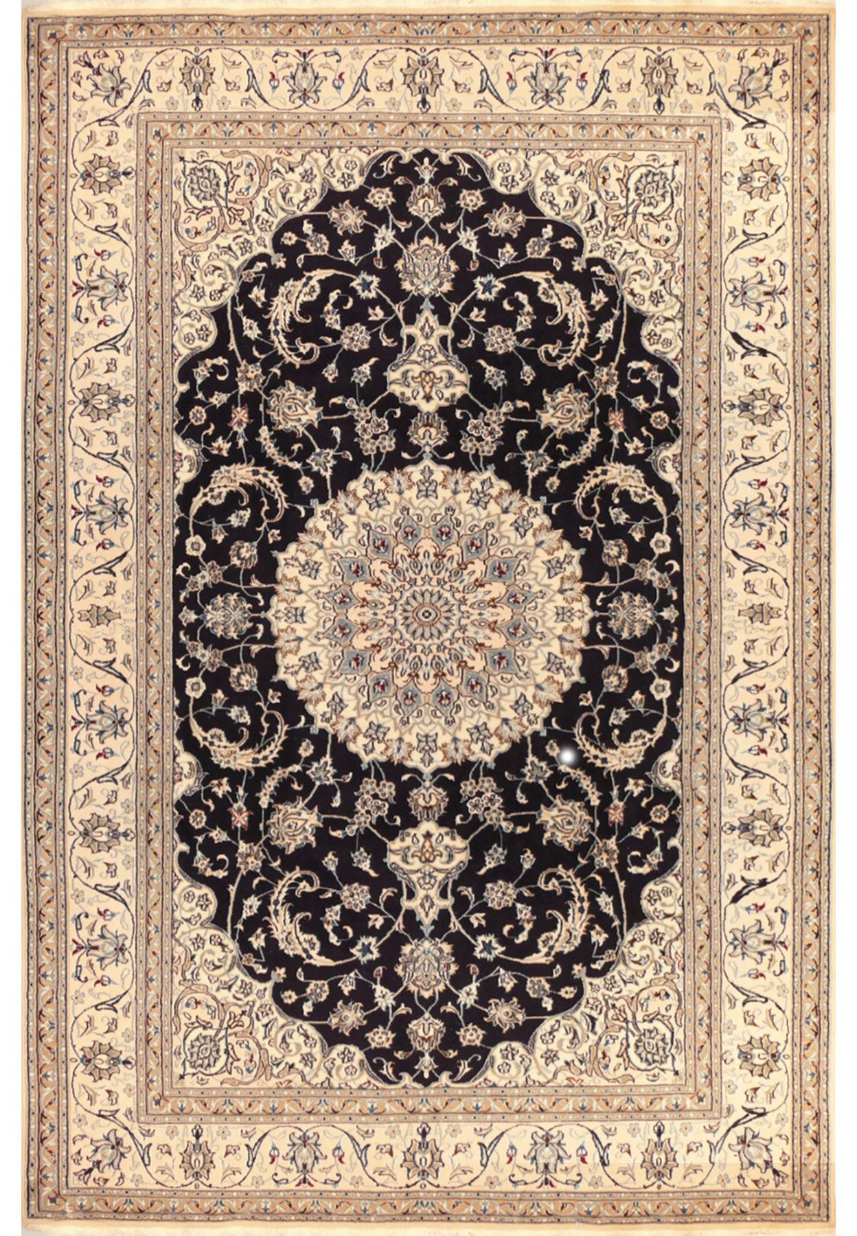 This stunning Persian Nain Rug, made from wool and silk, measures 8'1" x 11'8". The picture shows the entire rug, highlighting its intricate design and exquisite craftsmanship. Add elegance and sophistication to any room with this beautiful piece of art.