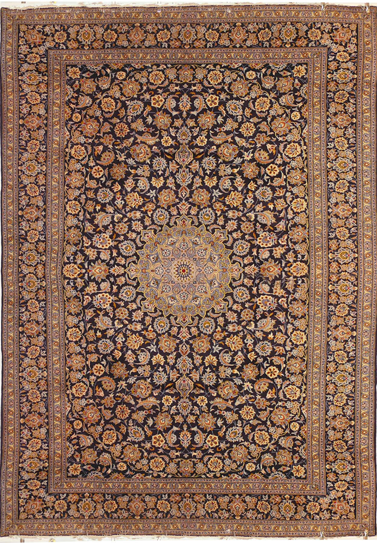 Navy Blue Floral Persian Kashan Rug - Full View: Admire the entire 9'7 x 13'9 rug, showcasing its captivating floral design and rich navy blue hues, adding an air of sophistication to any room