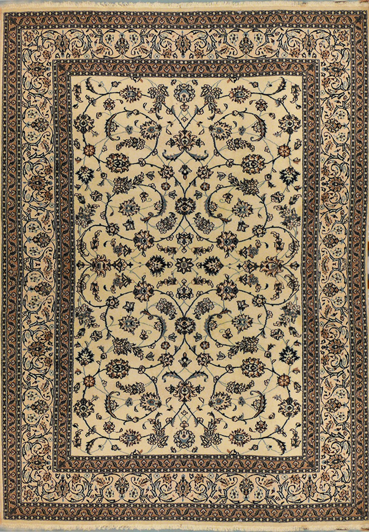 Full view of 8×11 Persian Nain rug with beige background and blue motif accents