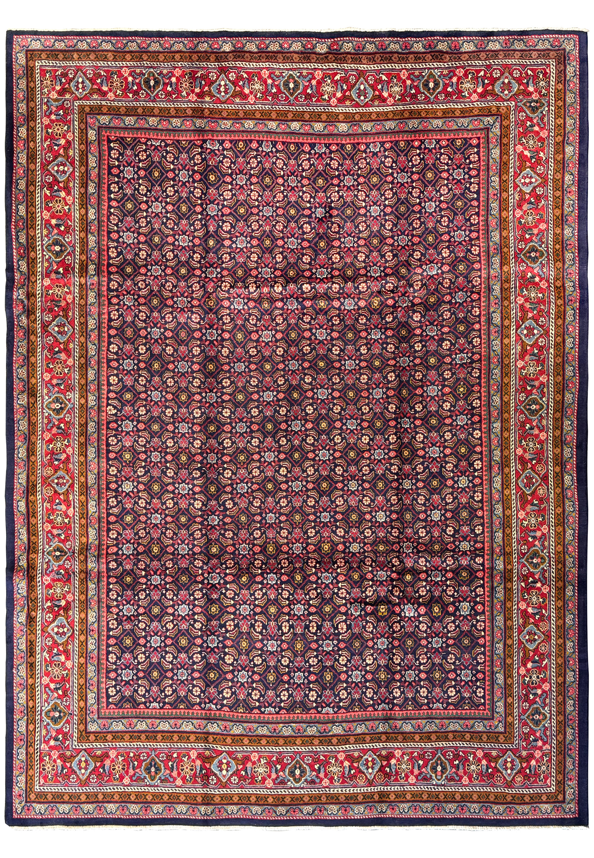 9'8 x 13'2 Persian Mahal Rug with a deep navy blue background and vibrant red, gold, and green floral patterns