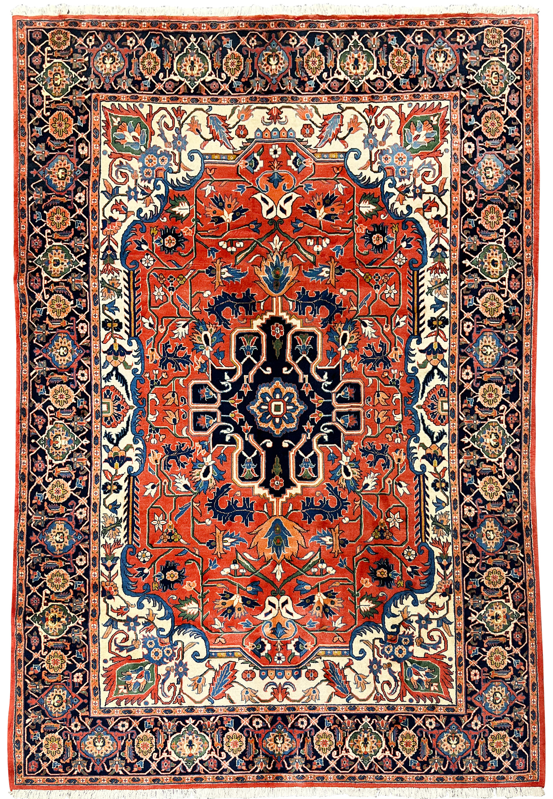 Full view of a 6'7 x 9'7 Geometric Persian Heriz rug with central navy medallion, red field, and detailed floral borders