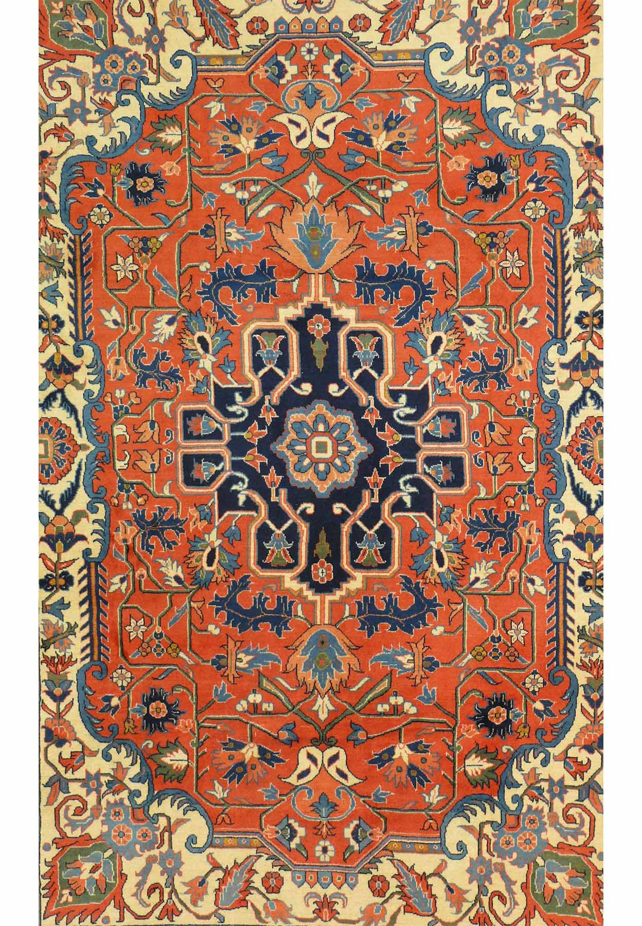 Close view of the geometric central medallion in a Persian Heriz rug highlighting sharp outlines and balanced symmetry