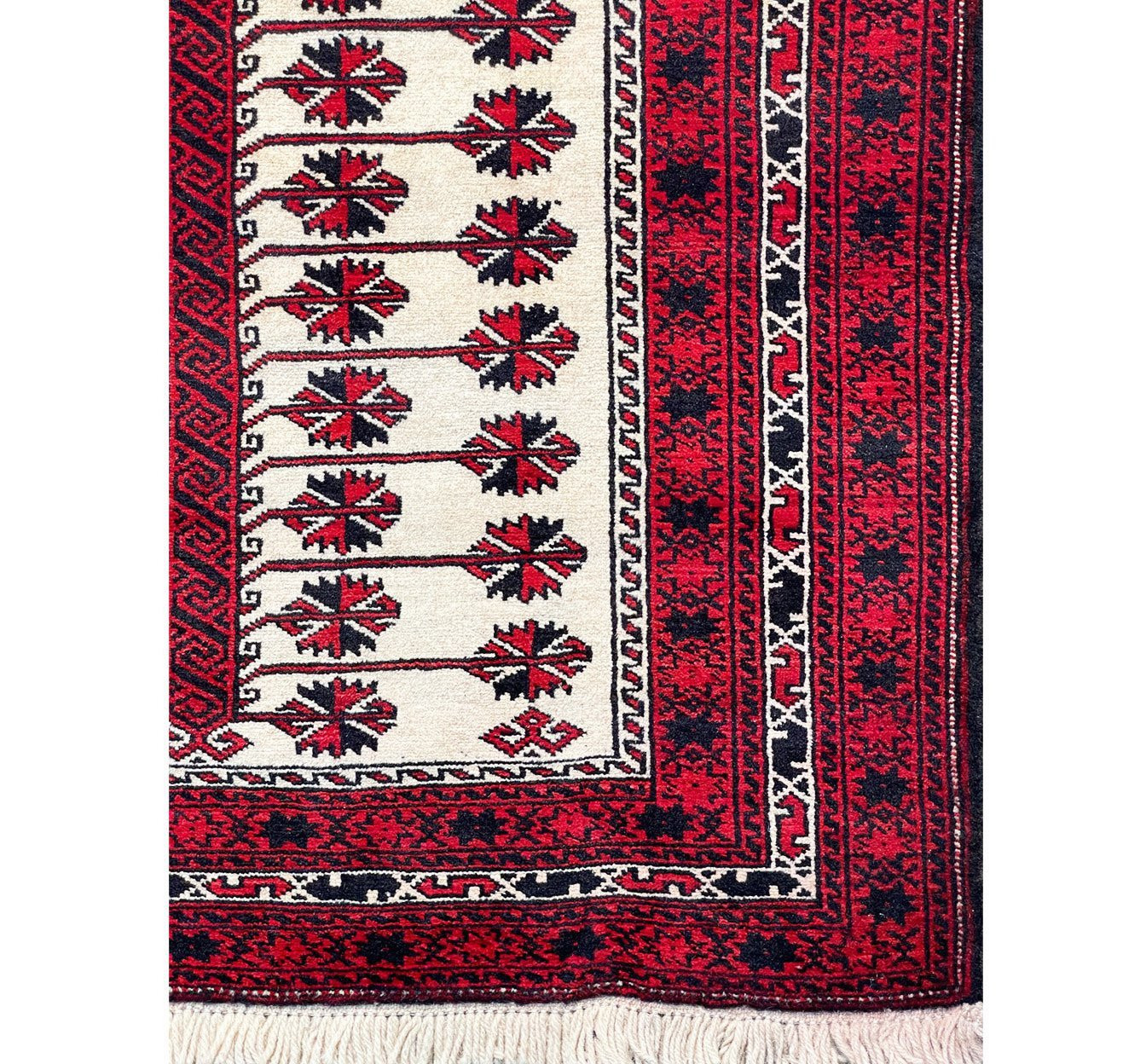 Border of the Persian Baluch rug with an intricate pattern of geometric shapes and floral motifs