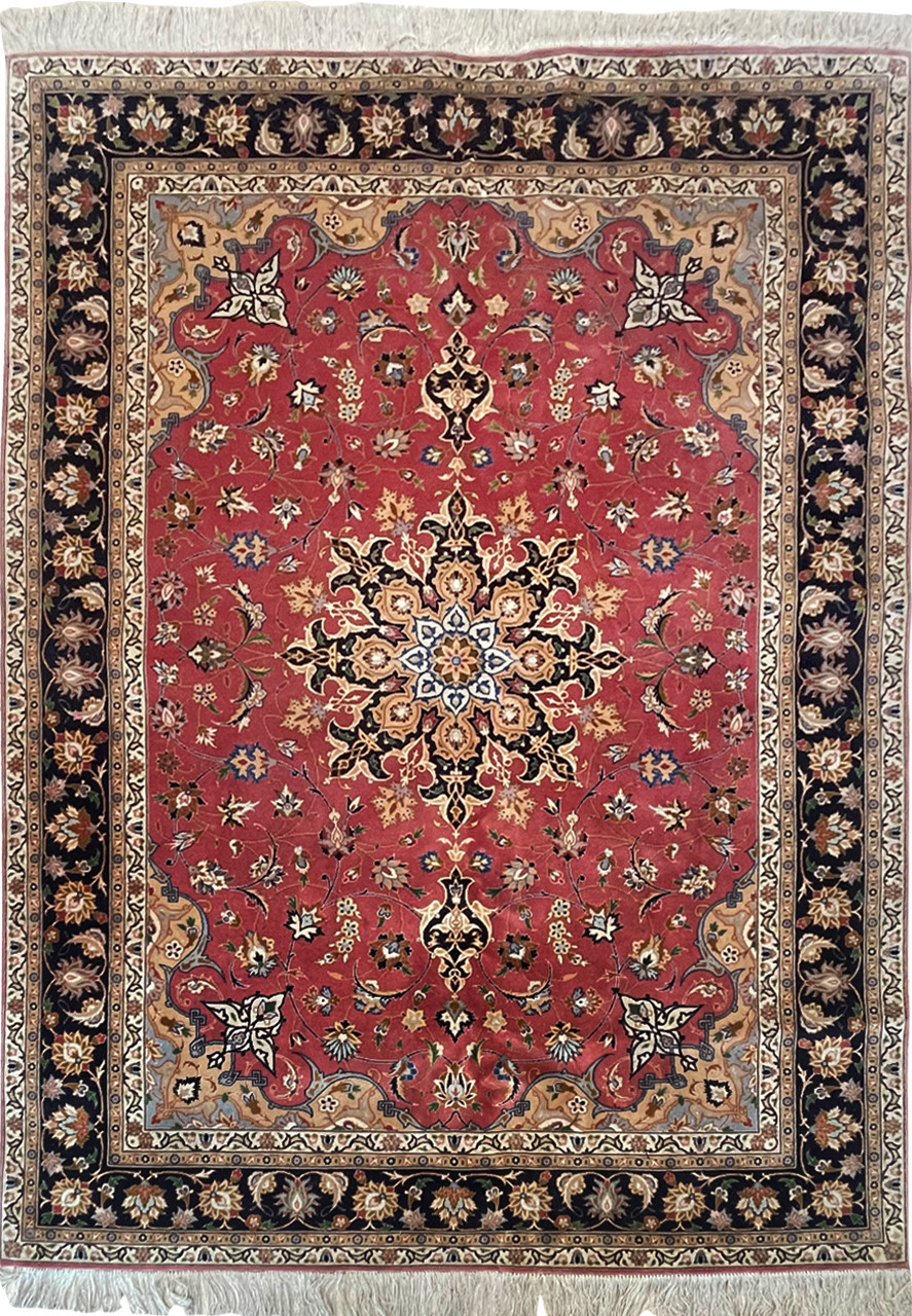 Elegant 5x7 Persian Tabriz Rug with Salmon and Navy Blue Hues on Display