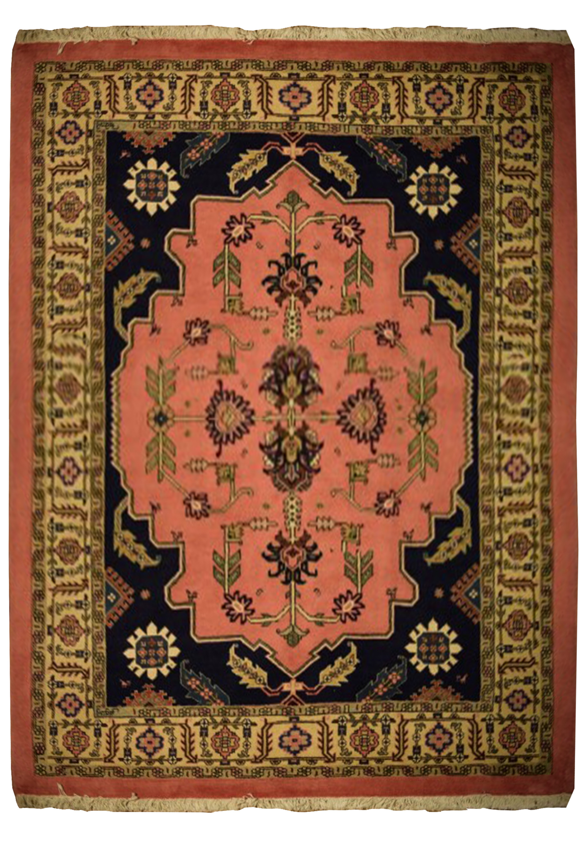 Unique 5'9" x 8'4" Persian Tabriz rug displaying a rich salmon-pink field with navy blue floral accents and intricate border details.