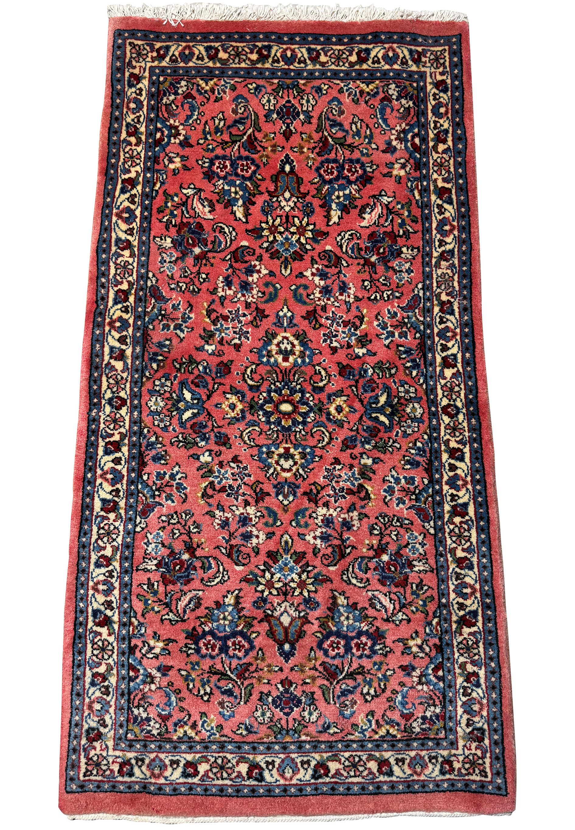 Classic Persian Sarough rug measuring 2'2 x 4'4, featuring a symmetrical design with elaborate floral motifs in deep red, navy, and accents of white, exuding traditional aesthetic