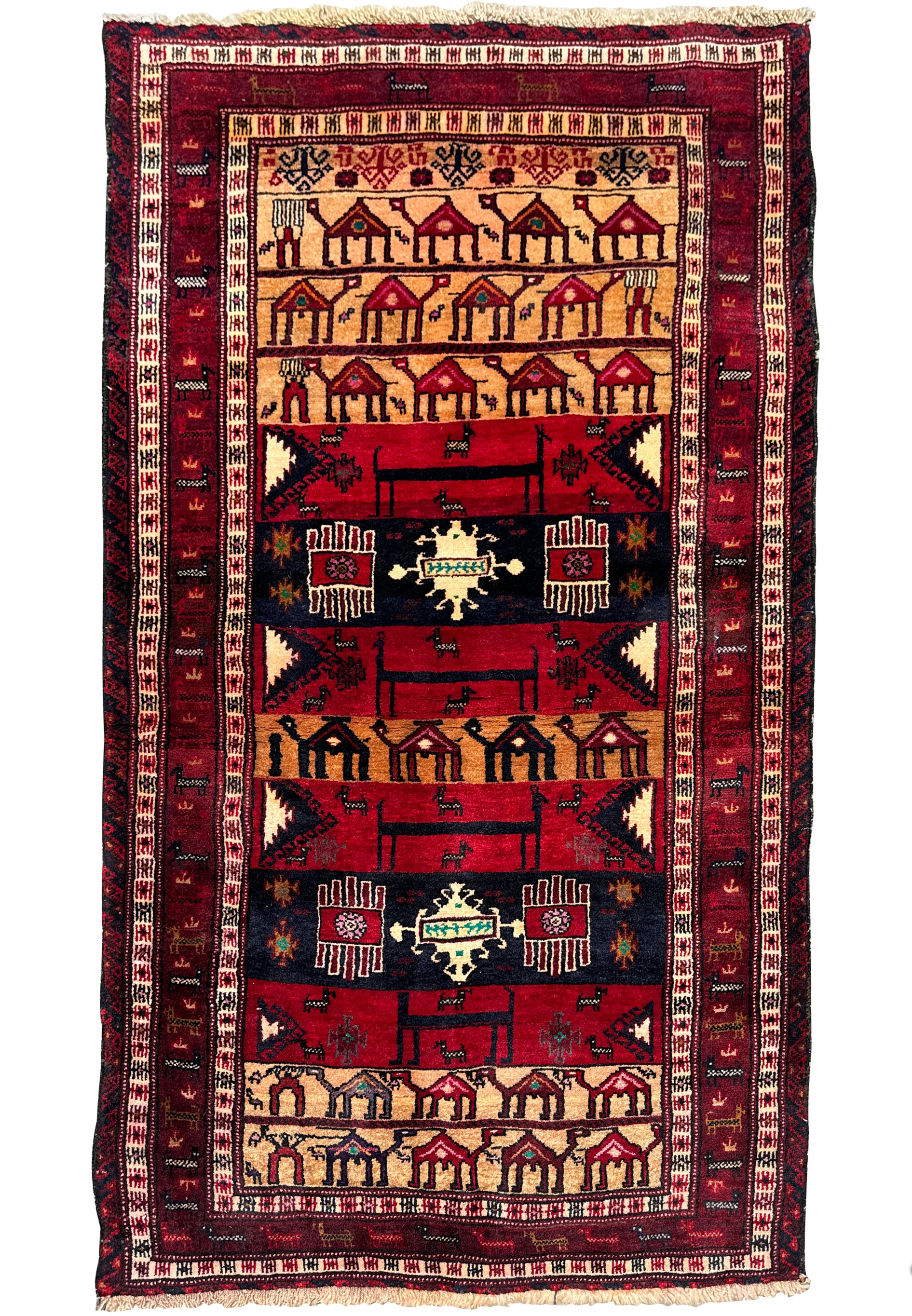 Full view of a 3x5 Persian Baluch Tribal rug with vibrant red background and traditional tribal patterns