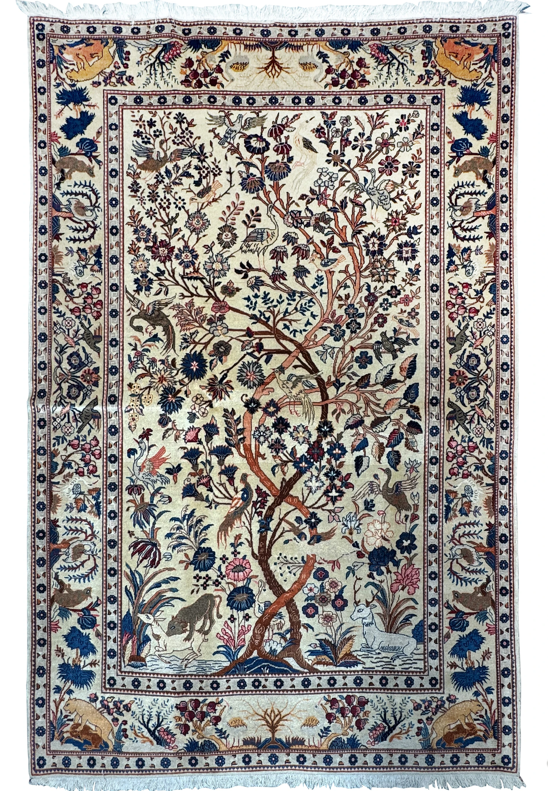 Antique Persian Kashan rug featuring the Tree of Life design with detailed animal and floral motifs in a 4x7 size, showcasing vibrant colors and intricate patterns in perfect condition
