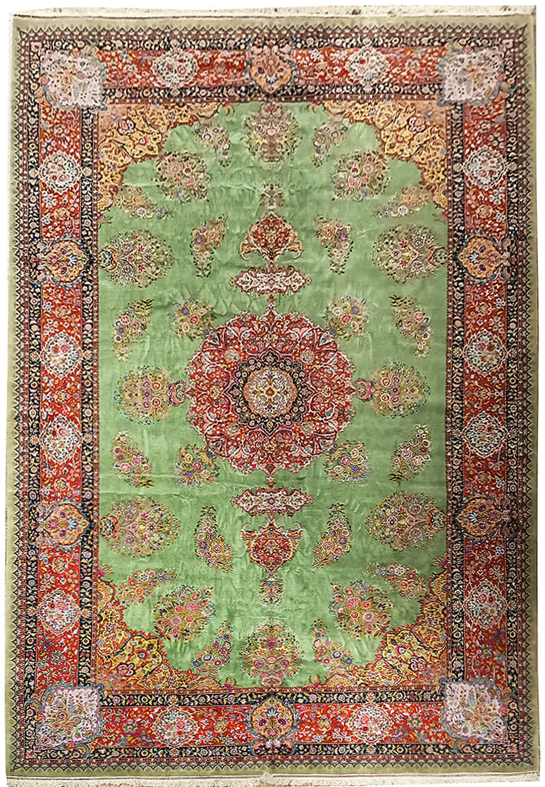 Exquisite 11'1" x 17'3" Persian Tabriz rug with central medallion design on a sage green field, bordered by intricate floral patterns