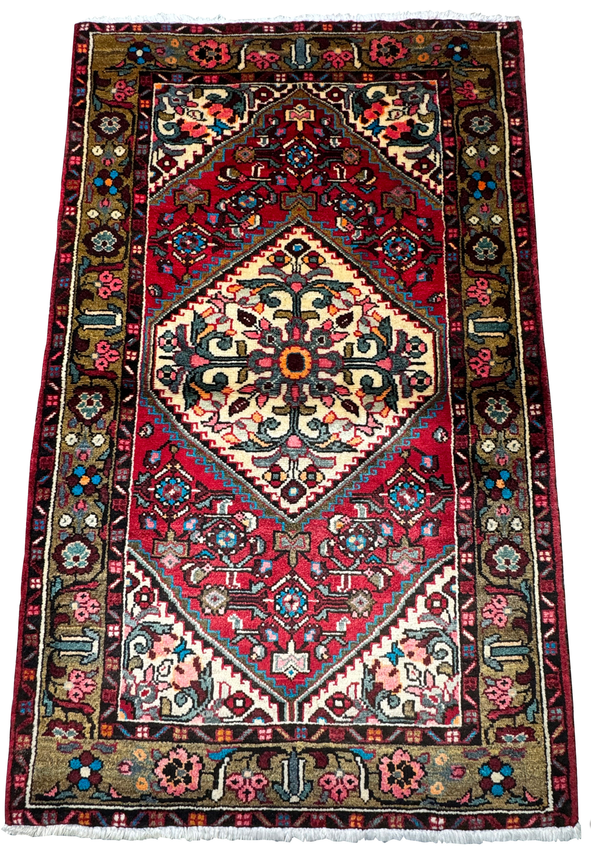 Full view of a Persian Hamedan rug displaying traditional motifs and a rich red and indigo color palette