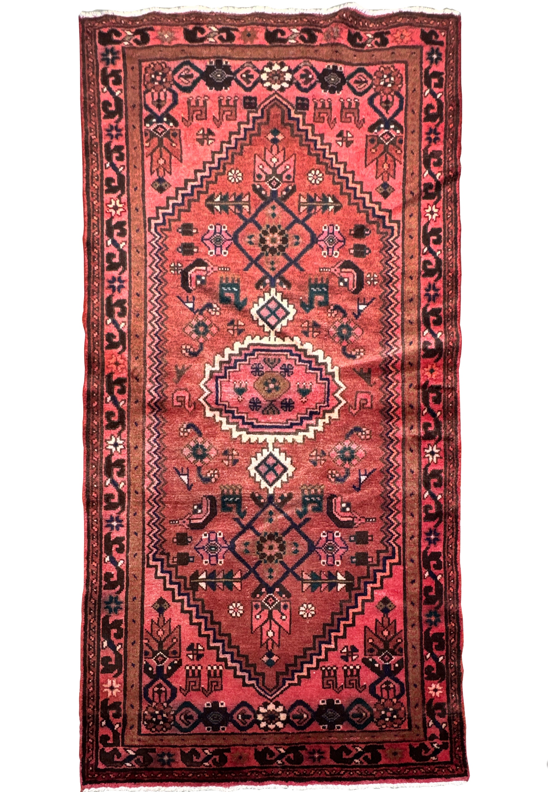 Full display of a handwoven Persian Baluch rug showcasing intricate tribal motifs and a rich color scheme