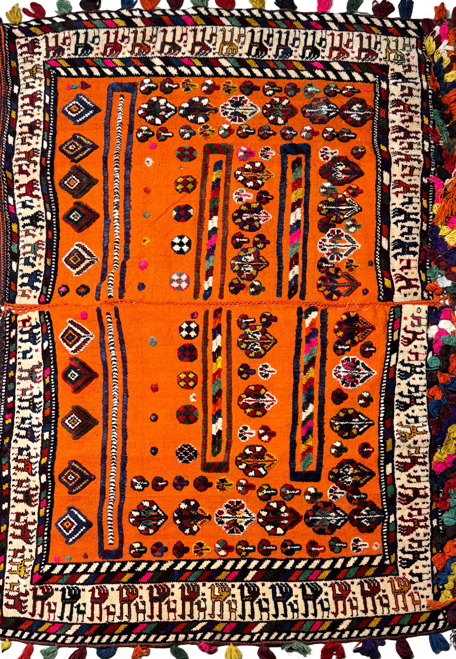 Detailed view of colorful floral and geometric designs on an authentic Persian Qashqai Horse Rug