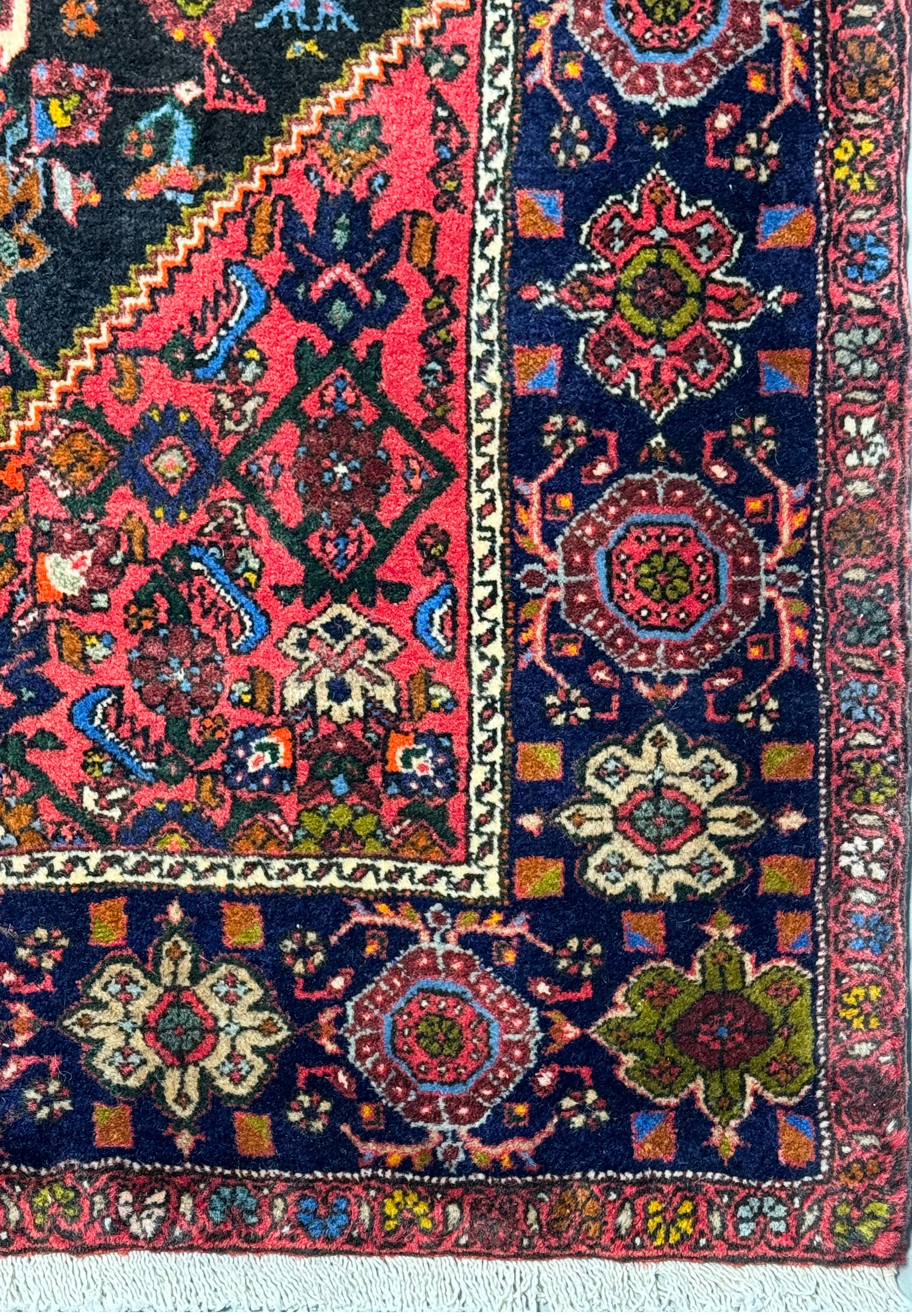 Detailed close-up of the Persian Gholtogh rug's border patterns, featuring guard bands with serrated leaf designs
