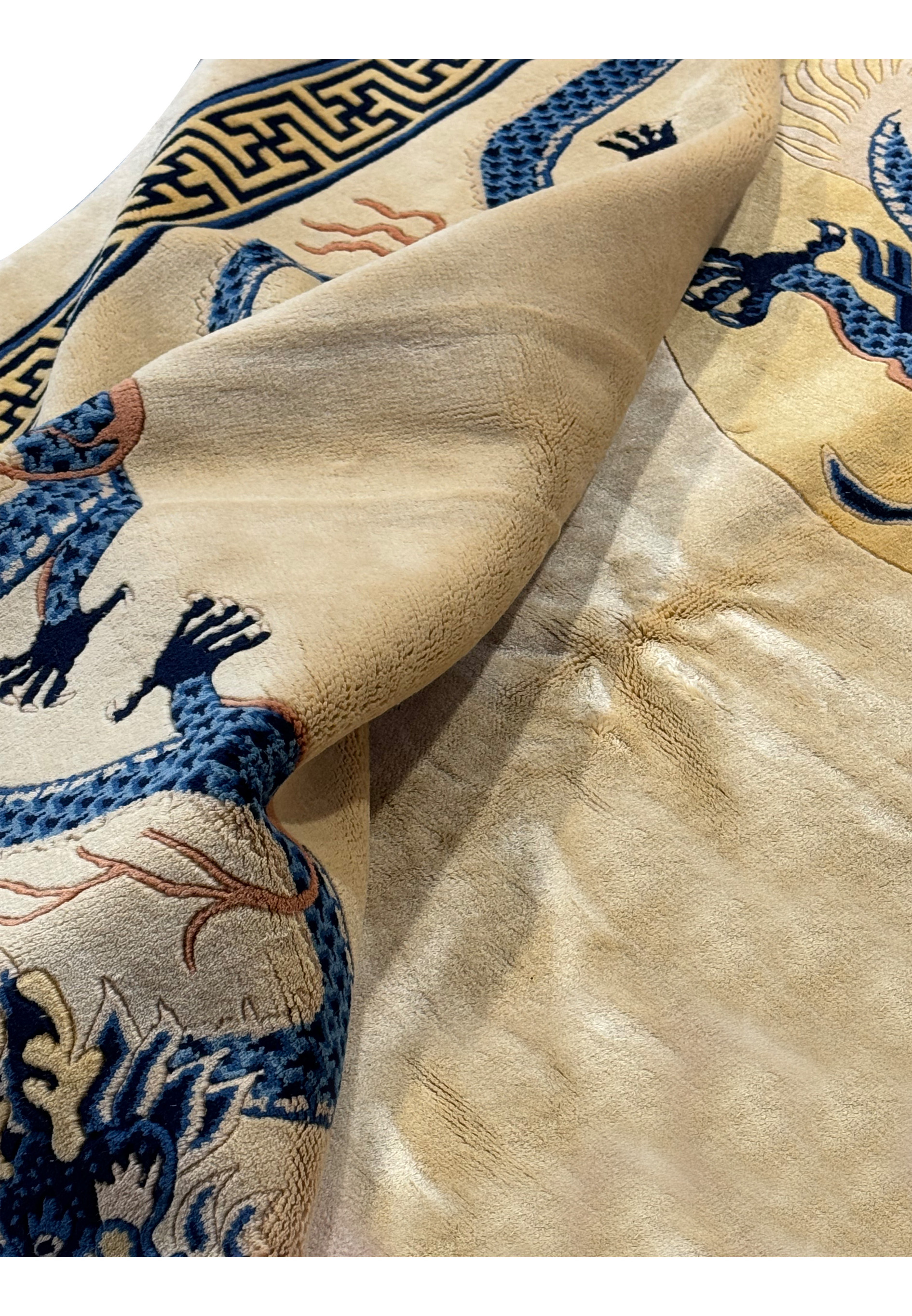 Close-up showcasing the luxurious softness and subtle sheen of the wool on the Chinese Dragon Rug