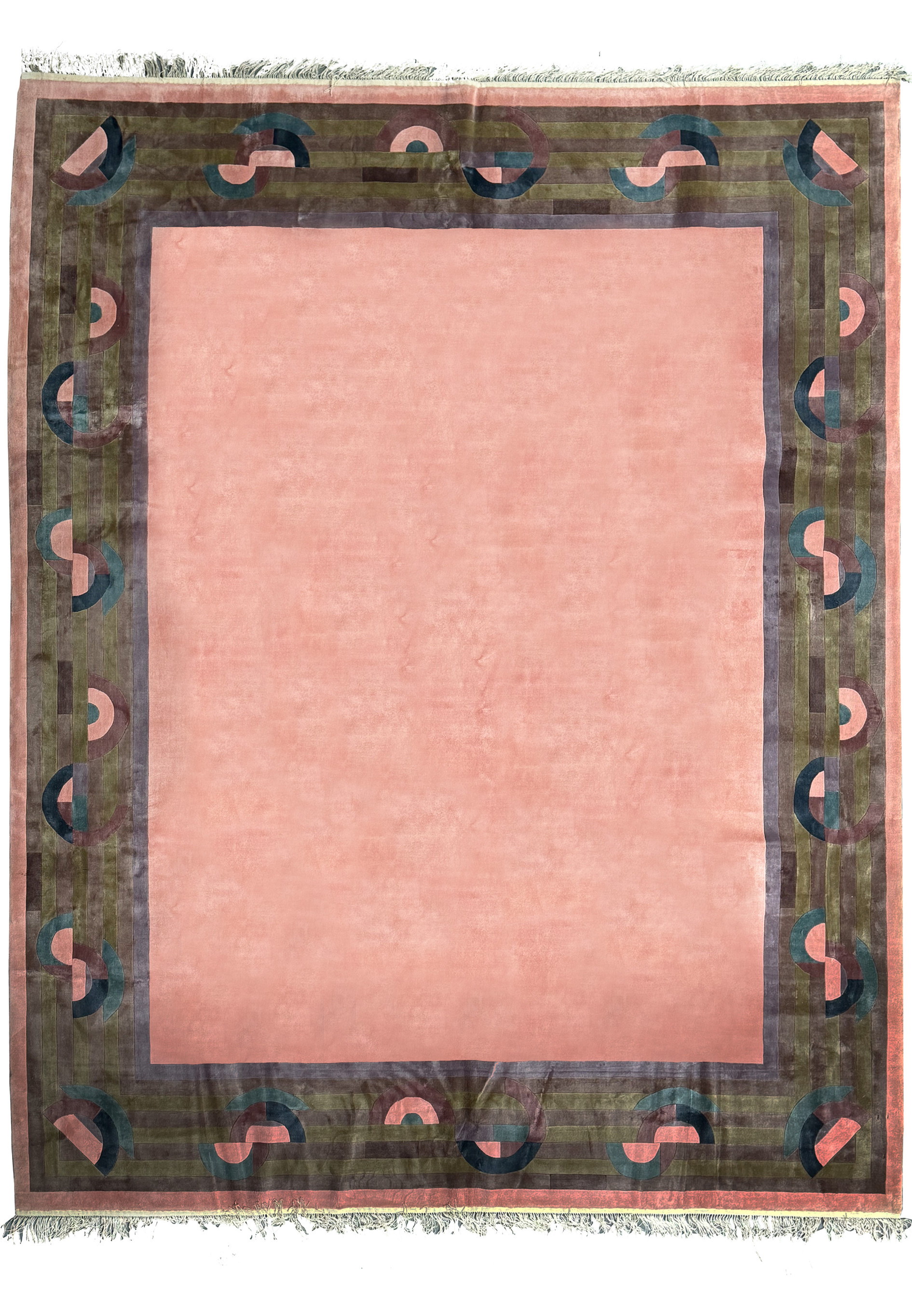 Full view of a large 9x12 modern silk rug with Art Deco patterns on a light background.