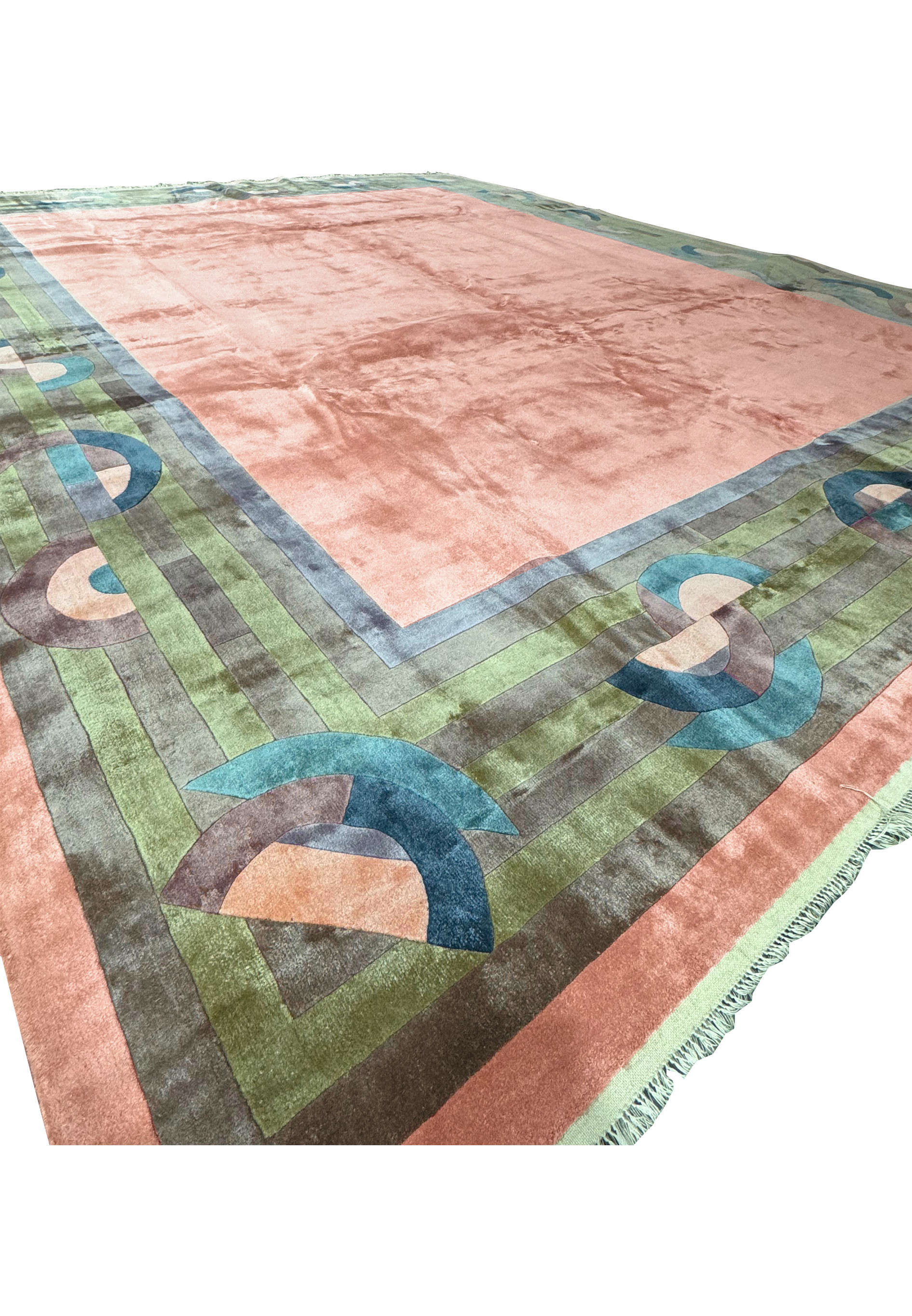 Another full view of the modern silk rug displaying its expansive size and Art Deco influence.