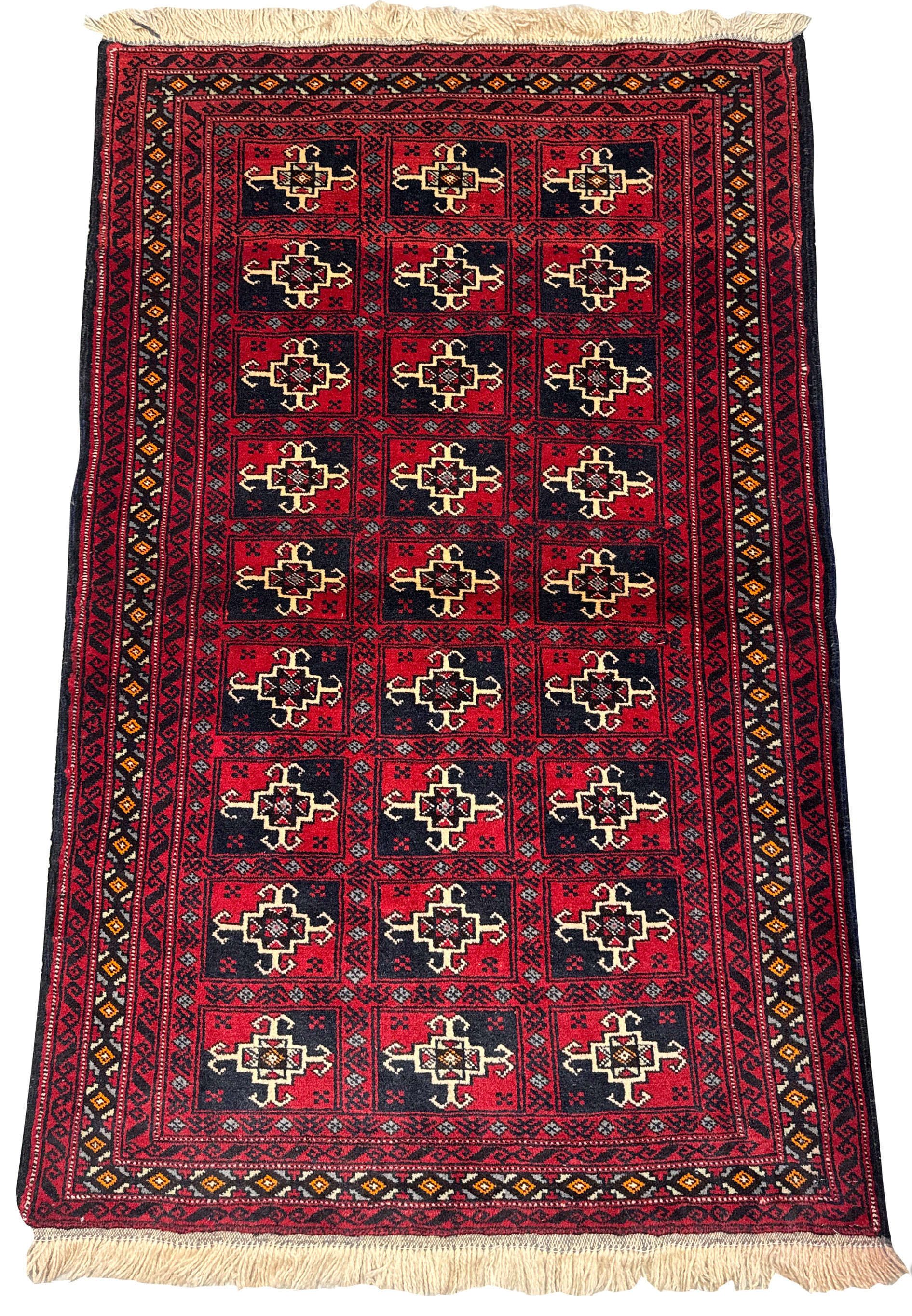 Alternate full view of the Persian Baluch Rug, emphasizing its length and the consistency of patterns and colors.