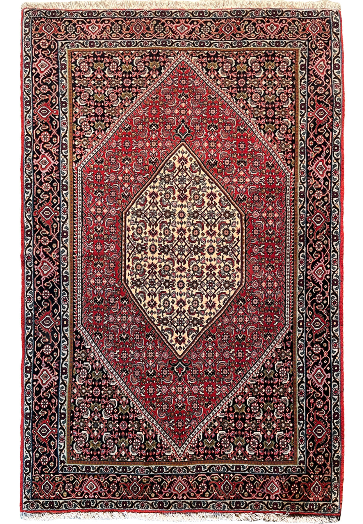 Full view of a handwoven 4x6 Persian Bijar rug showcasing intricate designs and a rich red field
