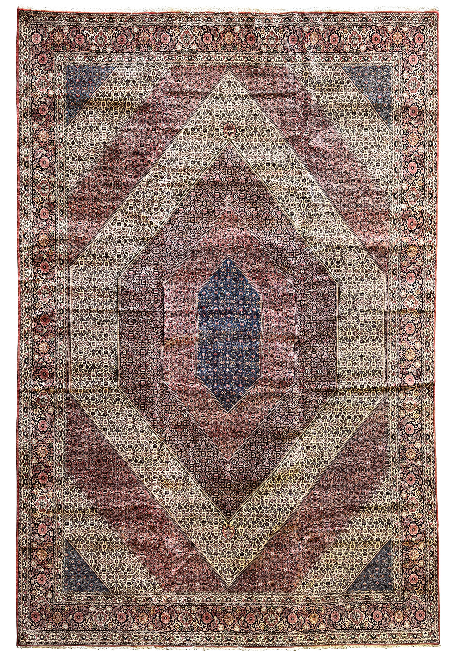 An intricate Persian Bijar rug displaying a central diamond medallion surrounded by complex floral patterns on a red and navy background, complete with traditional fringe.