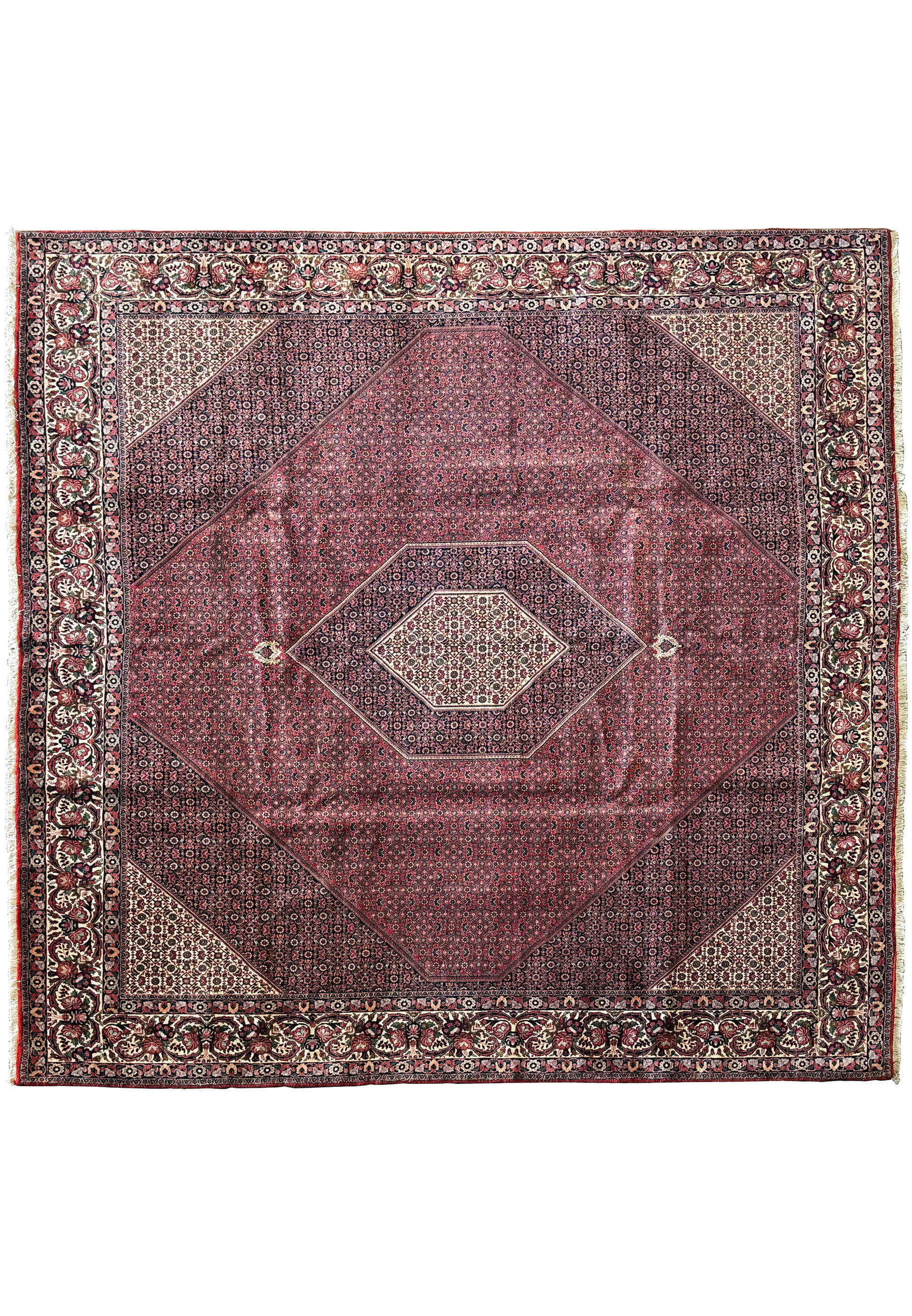 An expansive Persian Bijar square rug measuring 11'6x11'6, displaying a rich burgundy field with a large, central diamond medallion and intricately detailed geometric patterns.