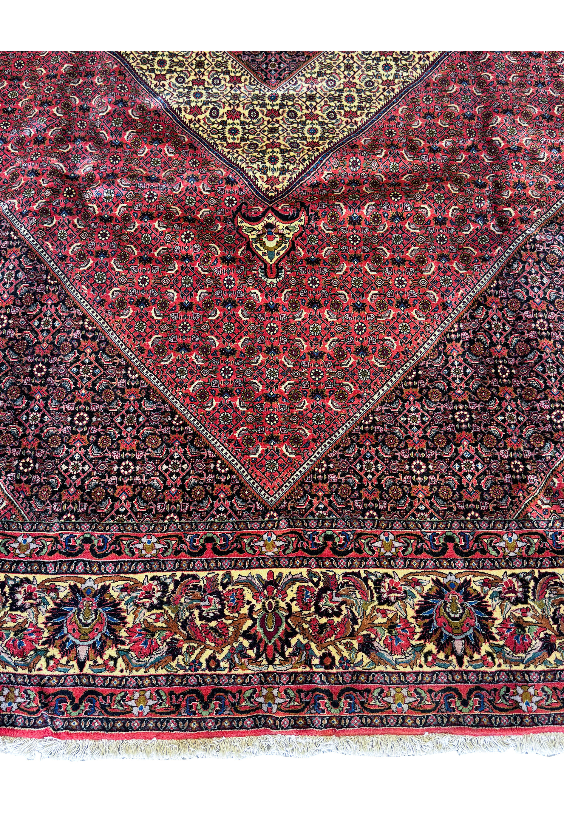 Overhead close-up of a section of the Persian Bijar Rug, with a focus on the detailed floral and geometric designs