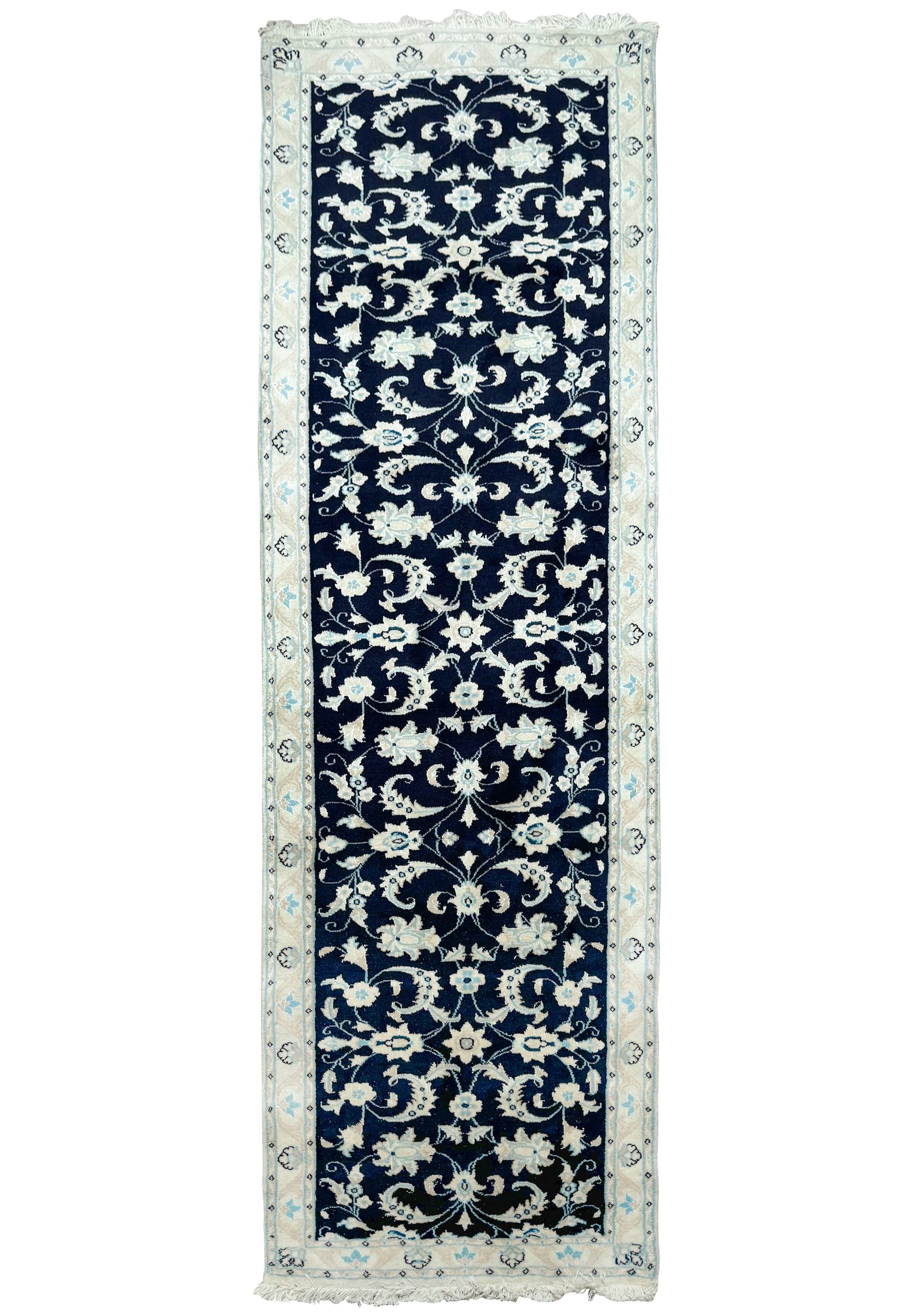 Full-length view of the Persian Nain Runner laid out flat, displaying the complete design and borders.