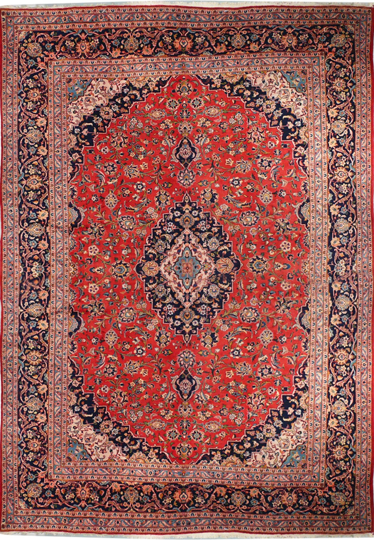A front-facing image of a Persian Kashan rug laid flat, showing the entire pattern with a vibrant red field, central medallion, and intricate floral and geometric patterns in shades of blue, cream, and orange.