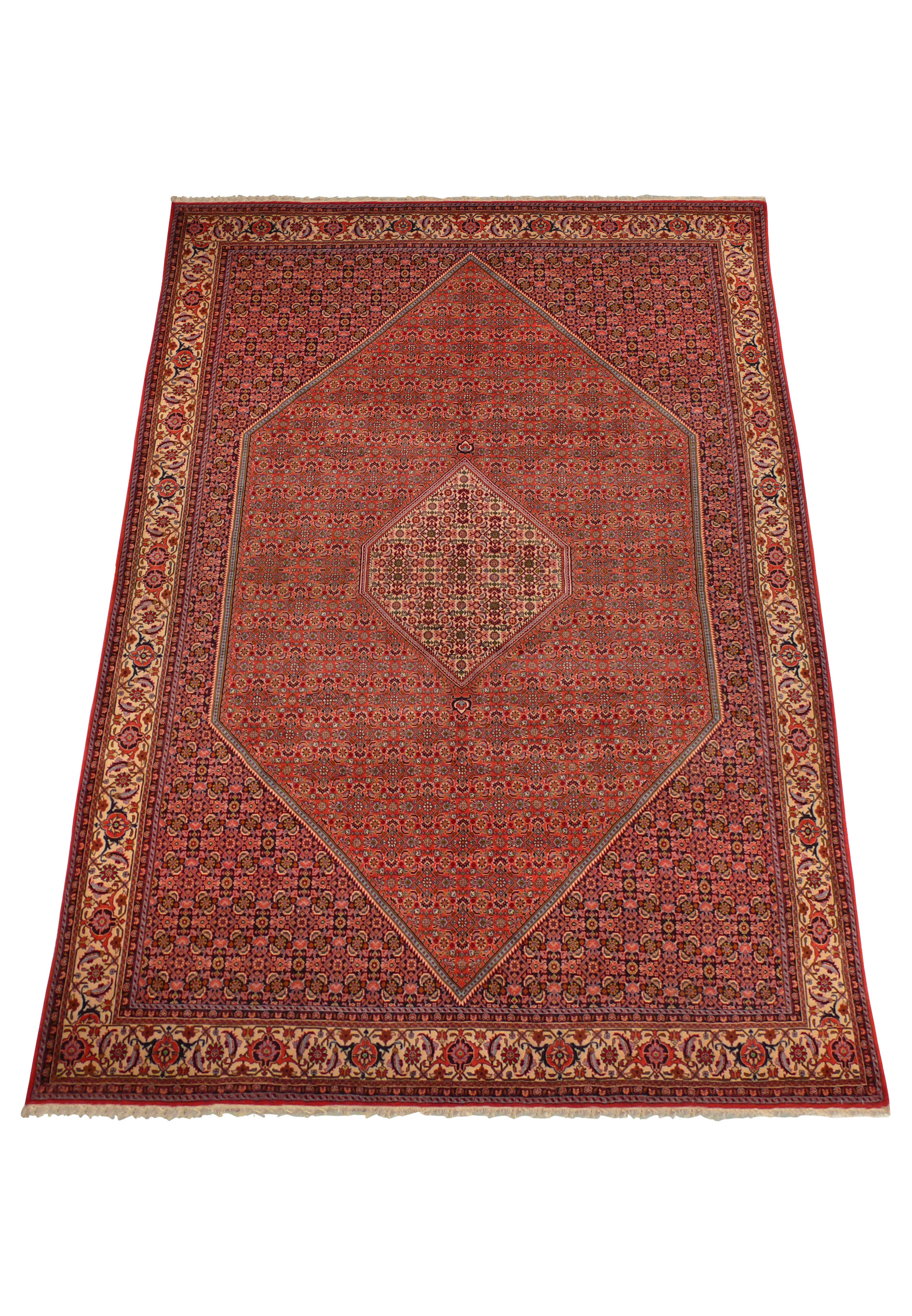 A full view of the Bijar Persian rug spread out, showcasing the symmetrical beauty of its design, from the central medallion to the elaborate corner brackets and the ornate outer border, with a soft sheen highlighting its high-quality fibers.