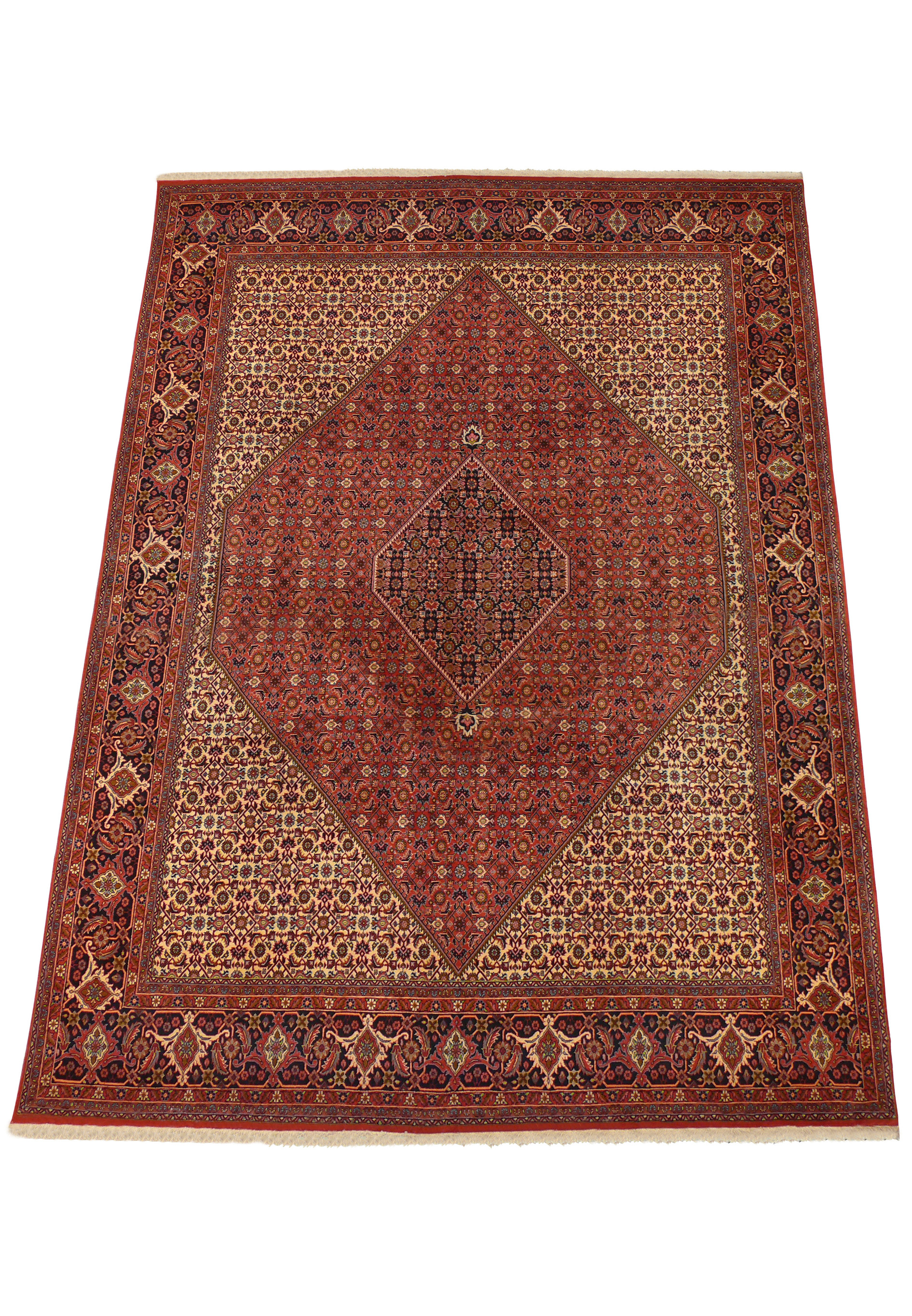 An expansive view of the Persian Bijar Iron Rug spread on the floor, illustrating the precise symmetry of the central diamond medallion and the detailed borders that surround it.